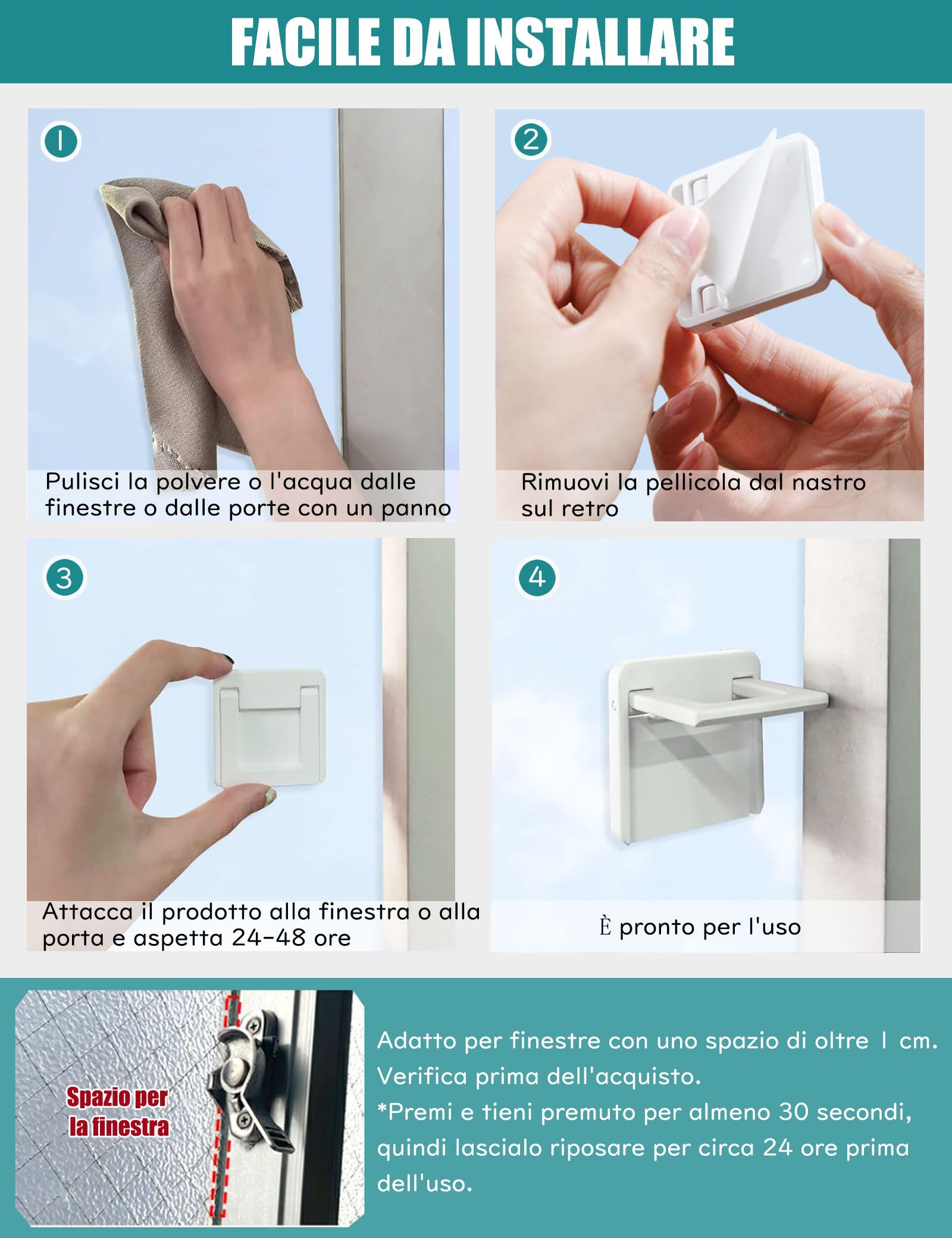 Serrature Sicurezza Bambini ZEWZE - 4 Pezzi Adesive Per Porte Scorrevoli, Finestre, Senza Forare - Foto 5