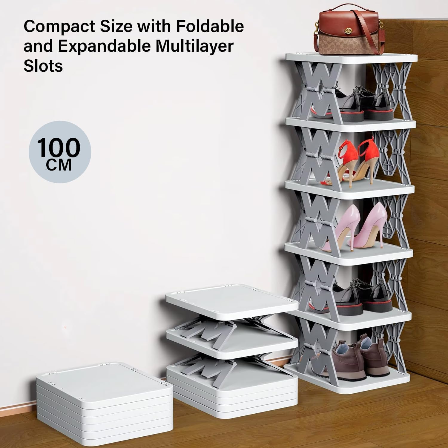 Venvintra Plastic Shoe Rack for Home - Stackable Shoe Stand Organizer for Bedroom & Entryway, Collapsible Footwear Storage Shelf, Multi-Purpose Corner Tower, Easy Assembly 1