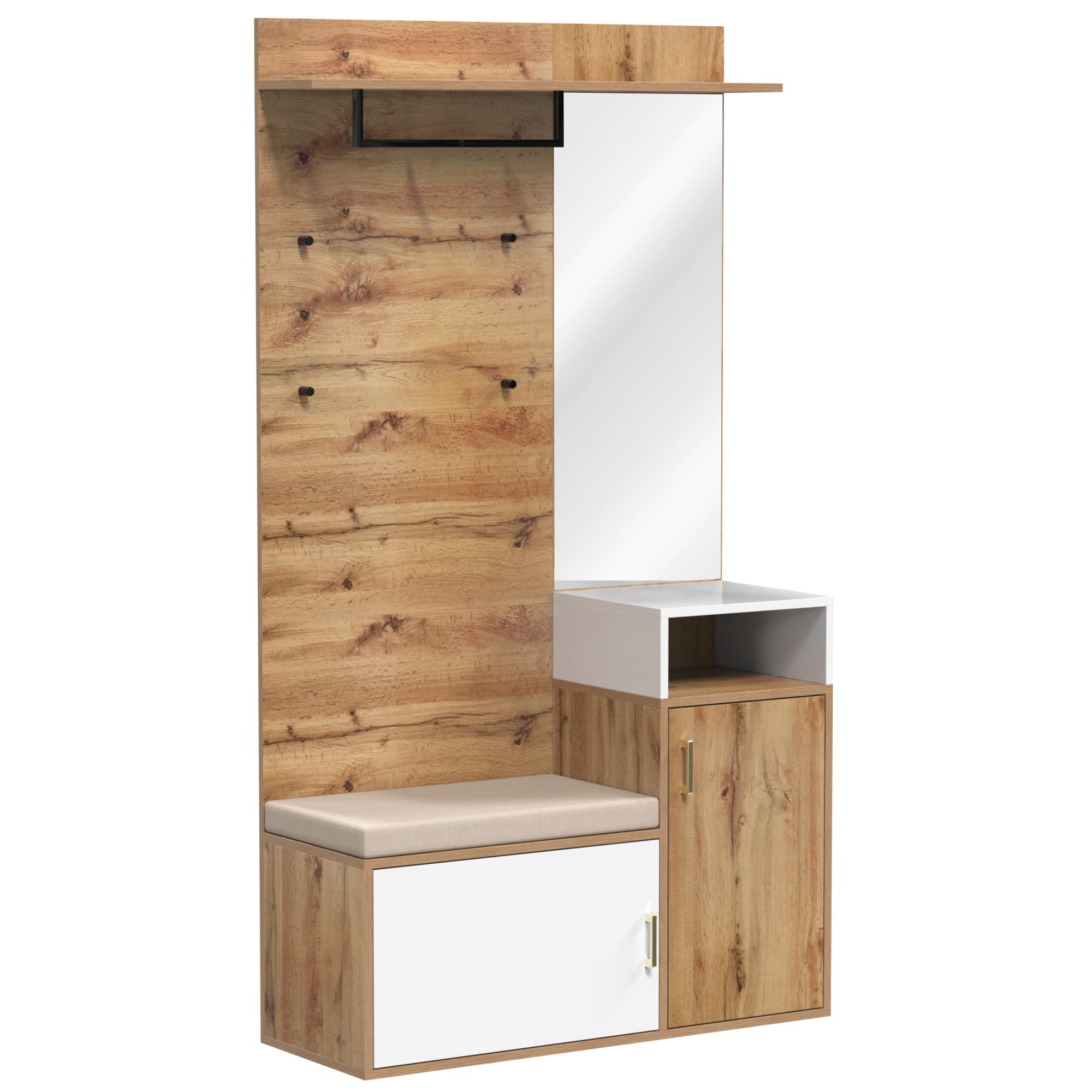 Garderobe Set mit Spiegel und Schuhschrank, Garderobenset mit Wandgarderobe und Sitzbank, Flurgarderoben Set mit Ablagefach, Flur möbel, Garderobenschrank, Weiß+Holzfarbe, 105×40×191.5 cm