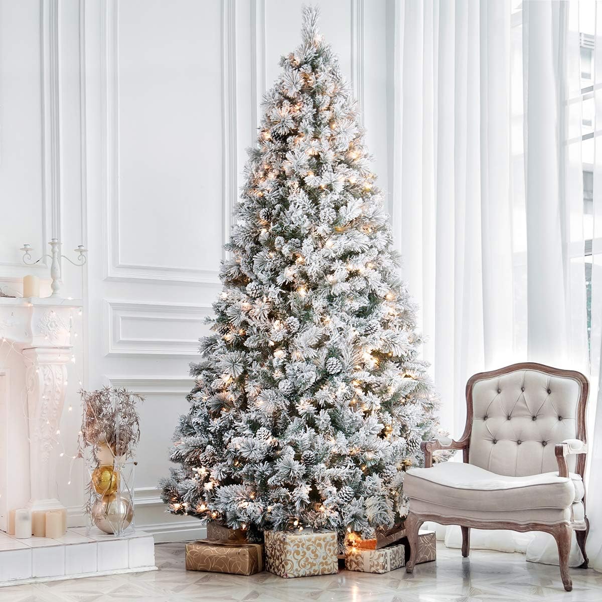 ANOTHERME 6ft Christmas Tree Snow Flocked, Pre-Lit Tree Feel Real, 300 Warm Lights, 800 Branch Tips, Pinecones Hinged Artificial Trees for Home, Party Christmas Decoration