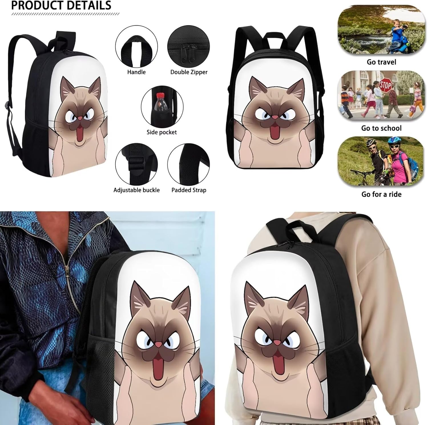AmzPrint Elementary Middle School 3 Piece Cat Backpack Set For School Cute Cat Backpack With Lunch Box Kids Girls For 5-12