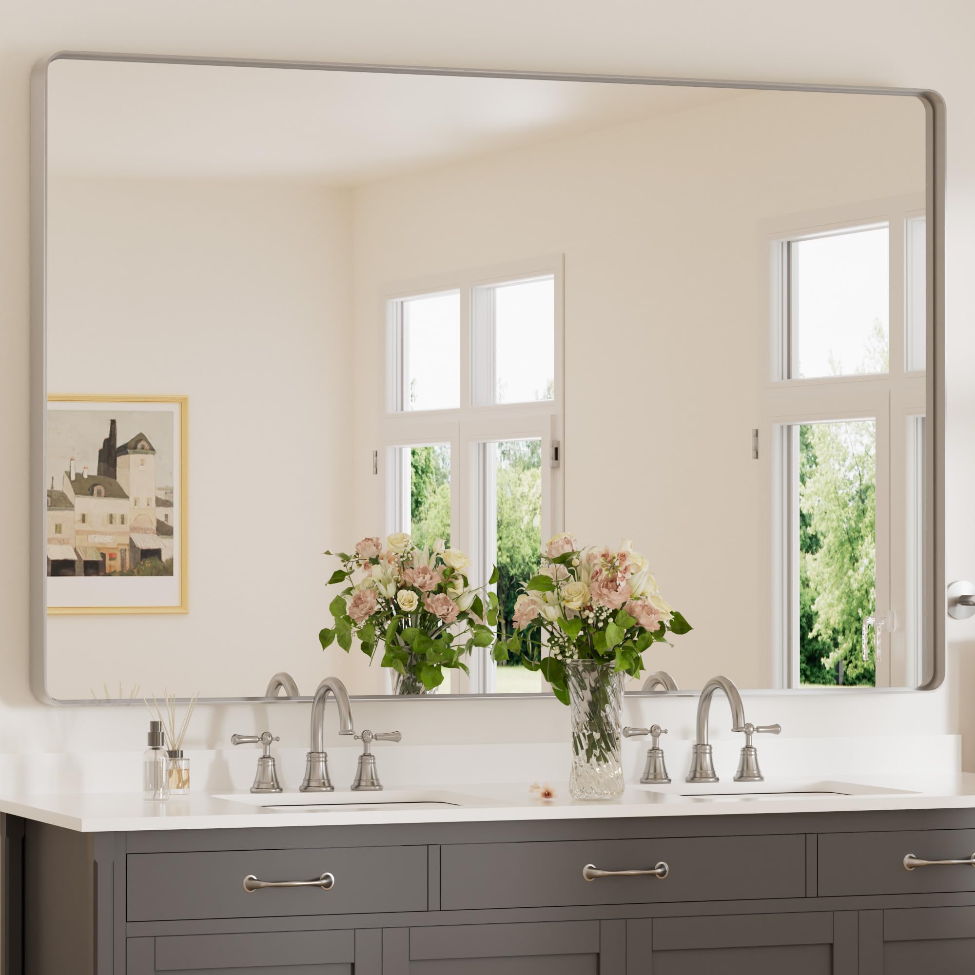 Keonjinn Silver Mirror for Bathroom Sink 55 x 36 Inch Large Rounded Rectangle Bathroom Vanity Mirror, Matte Silver Metal Framed Mirror, Shatter-Proof HD Tempered Glass Wall Mirror(Horizontal/Vertical)