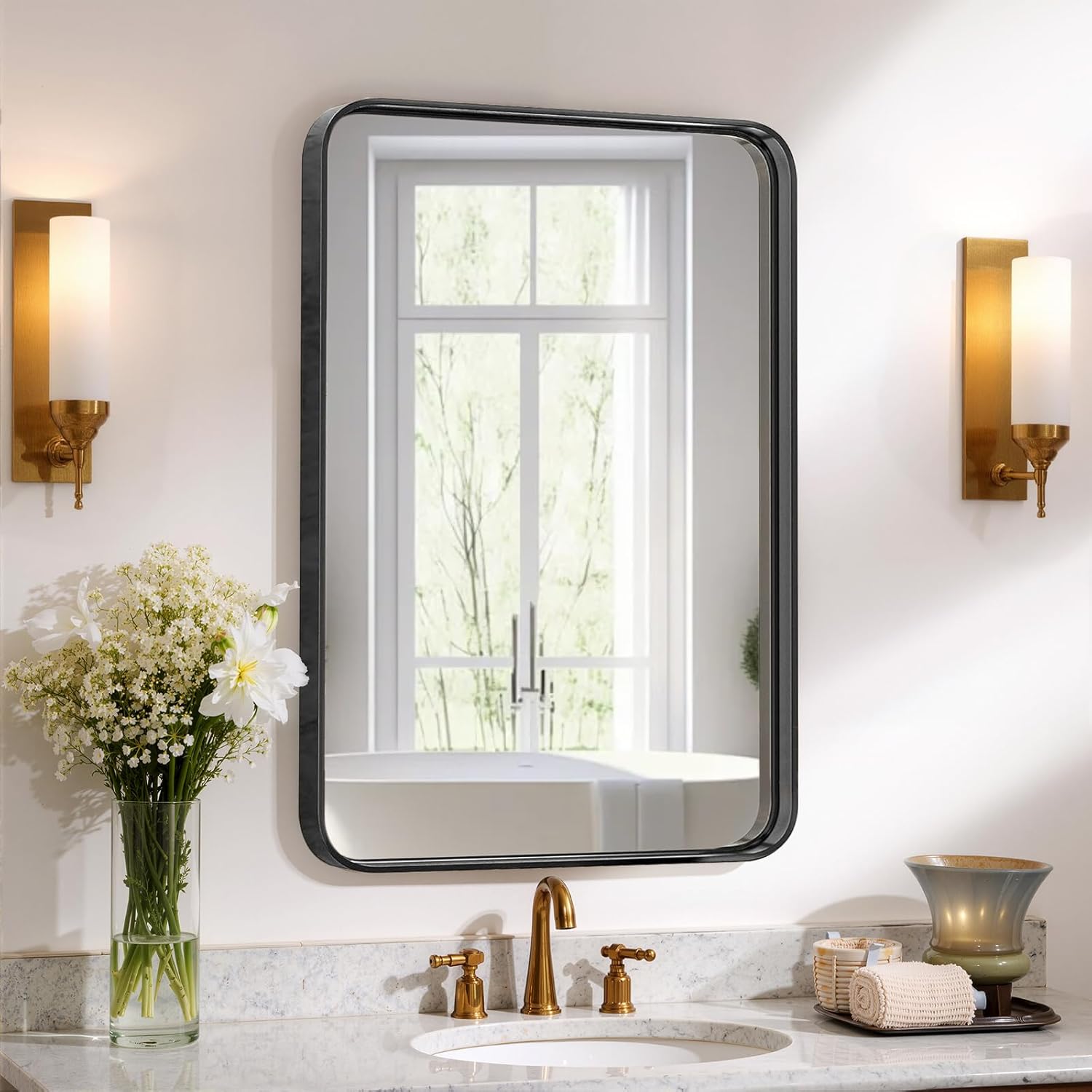 Bathroom Mirror 30x22 Inch Black Metal Framed Rounded Rectangle Vanity Mirror for Wall Over Sink Farmhouse Restroom Anti-Rust