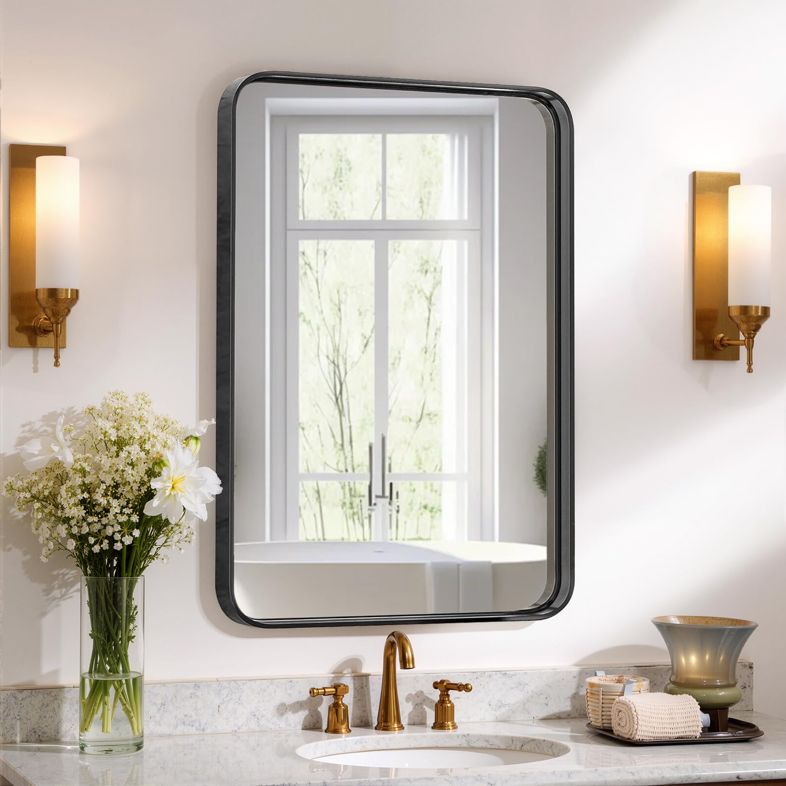 Bathroom Mirror 30x22 Inch Black Metal Framed Rounded Rectangle Vanity Mirror for Wall Over Sink Farmhouse Restroom Anti-Rust