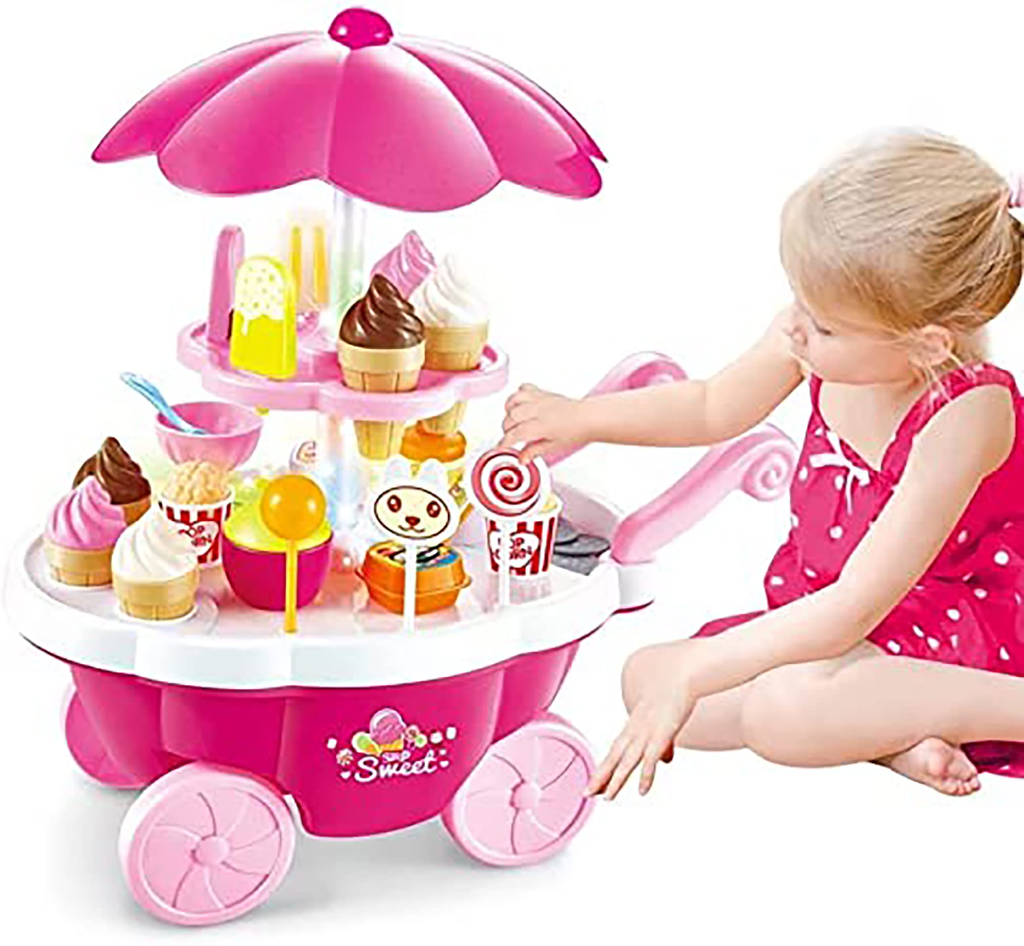 Toy Land Role Play Simulation 39 Pcs Mini Candy Ice Cream Cart Shop Trolley Pretend Playset for Kids