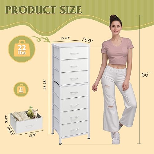 Miniatura 3 de WLIVE - Cómoda alta blanca para dormitorio, 7 cajones y cómodas, cómoda de tela para armario, sala de estar, mesita de noche con marco de metal,