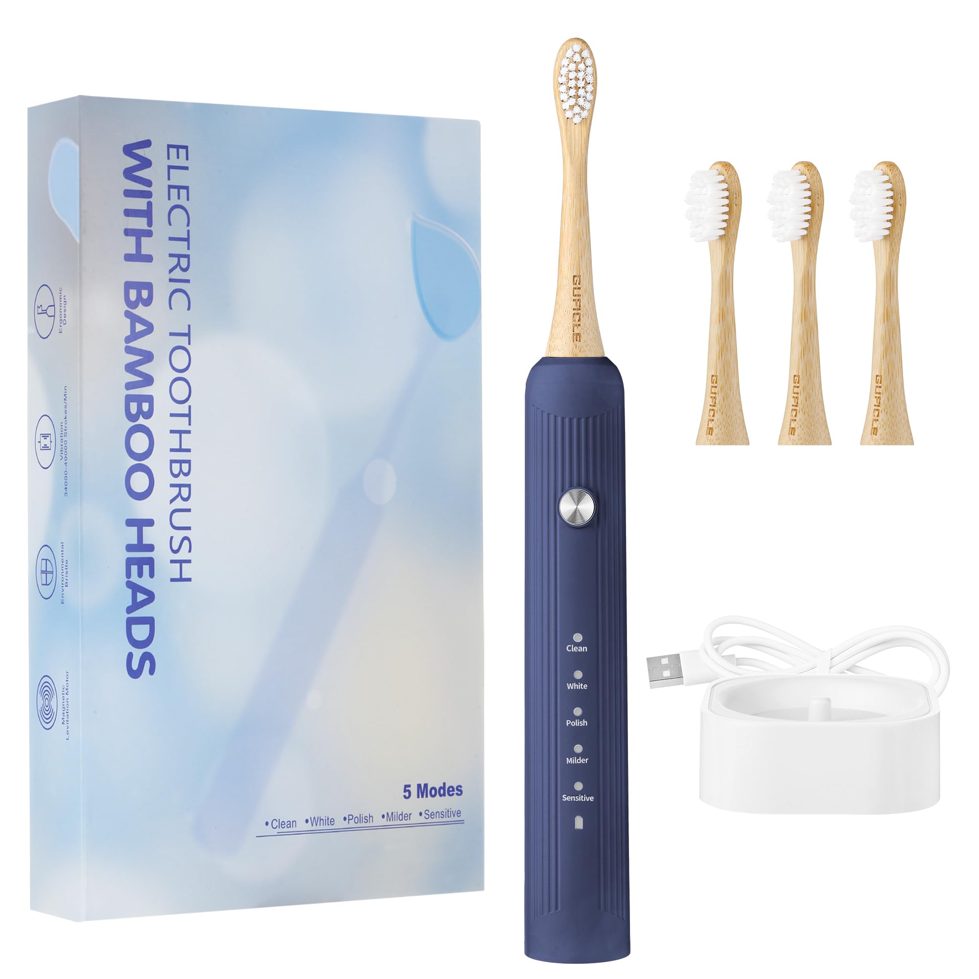 Bamboo Electric Toothbrush with 4 Bamboo Heads,Castor Oil Bristles,5 Modes with 2 Minutes Built in Smart Timer,Low Noise,IPX7 Waterproof,60 Days Battery Life-Navy-image-45