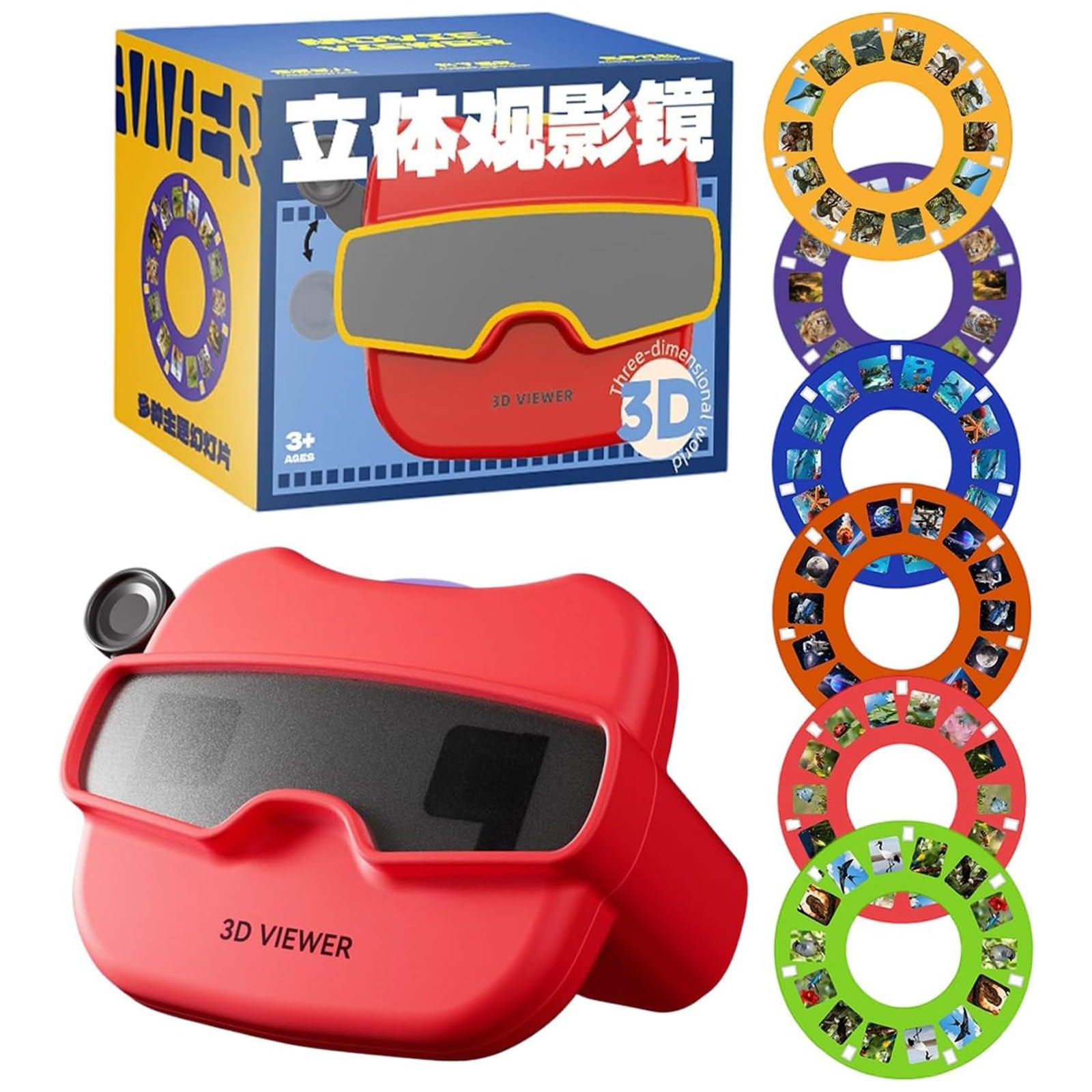 3D Stereoscopic Viewer Toy,Portabble Story Projection Device,Classic 3D View finder With 6 Reels,Visual Learning Tool, For Classroom Home Preschool Holiday(Red With 6 Reels)