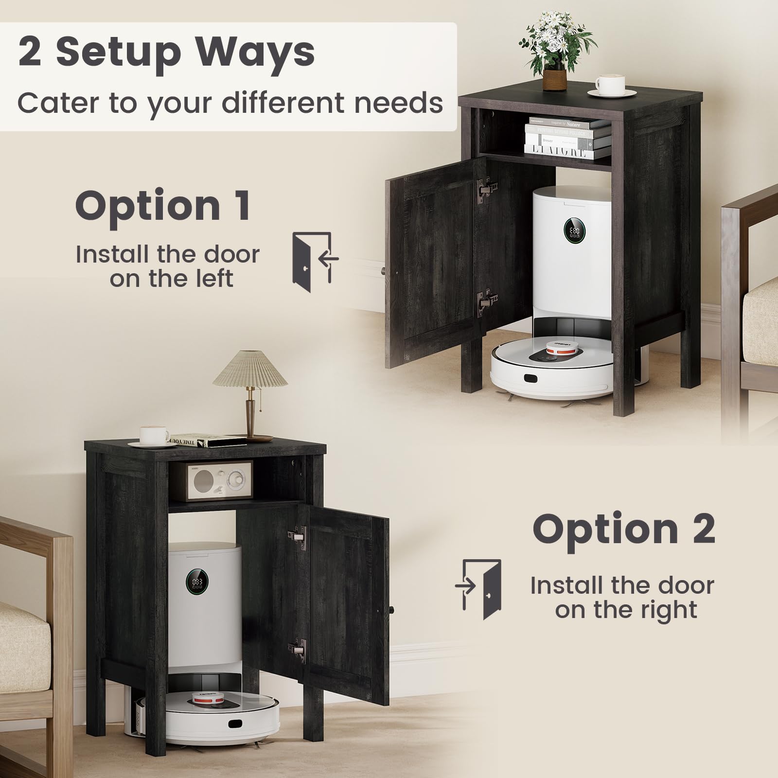 GOFLAME Robot Vacuum Storage Cabinet, Retro Sofa Side End Table with Hidden Robotic Vacuum Cleaner Storage & Open Compartment, Sweeping Robot Stand Cabinet for Living Room (Grey)