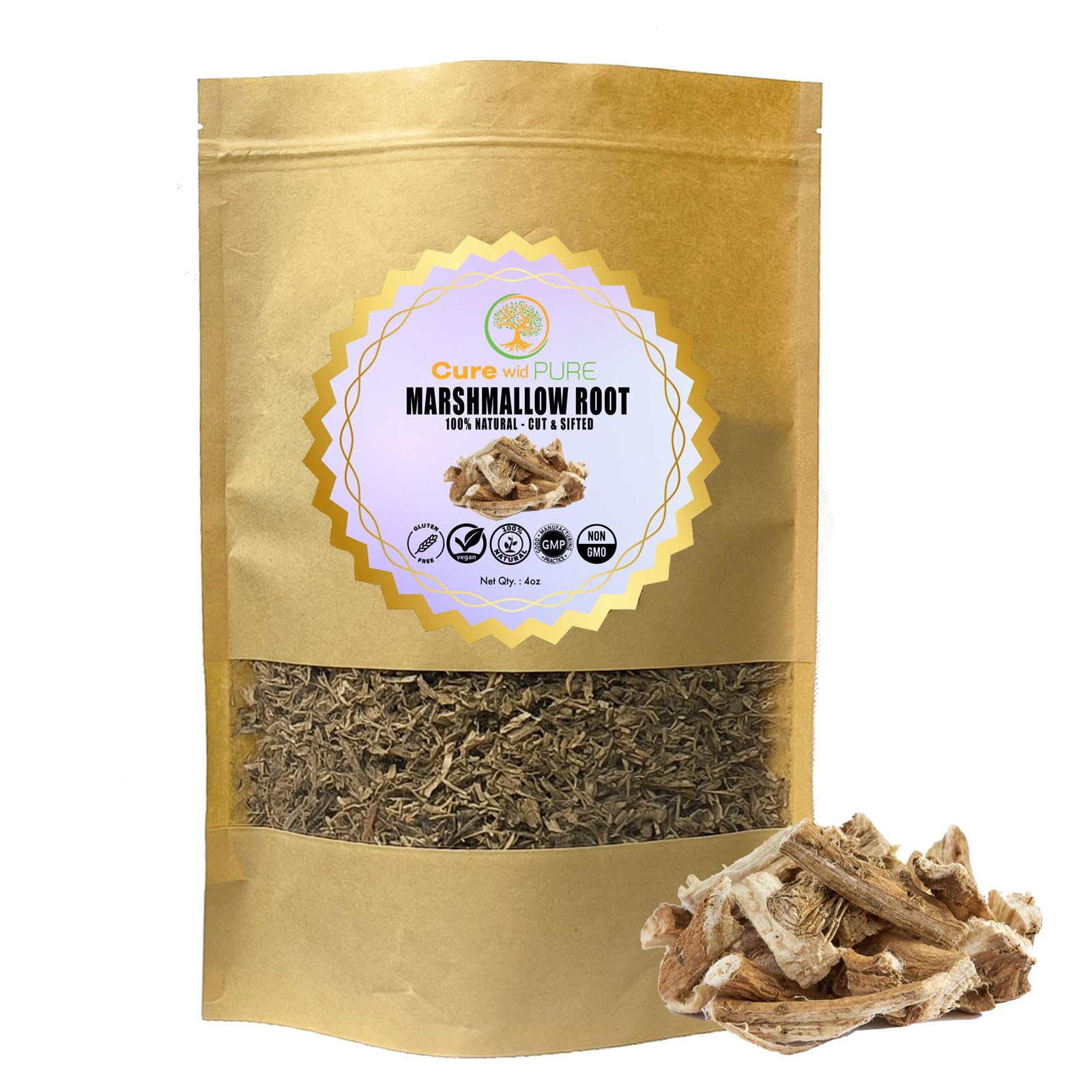 Cure wid Pure Organic Marshmallow Root Herb 4 Oz – Cut & Sifted Marshmallow Root Tea in Eco-Friendly Resealable Bag Versatile Choice for Herbal Tea, Marshmallow Root Powder, Tinctures & More