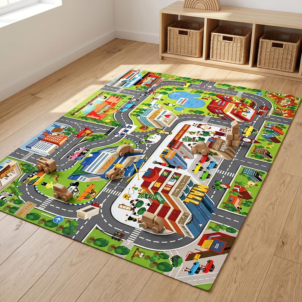 WFKKMEQ Car Rug, Car Play Mats for Kids City Playmat Rug Toy Pay Mat with Non-Slip Base Play Carpet Floor Mats for Bedroom Classroom Playroom (60 X 90CM)