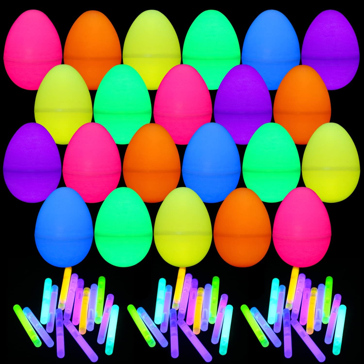 LOKIPA 24 Pcs Glow in The Dark Easter Eggs, Glow Easter Eggs Party Supplies with Fillable Plastic Egg with 48 Mini Glow Stickers, Hunt for Easter Decorations