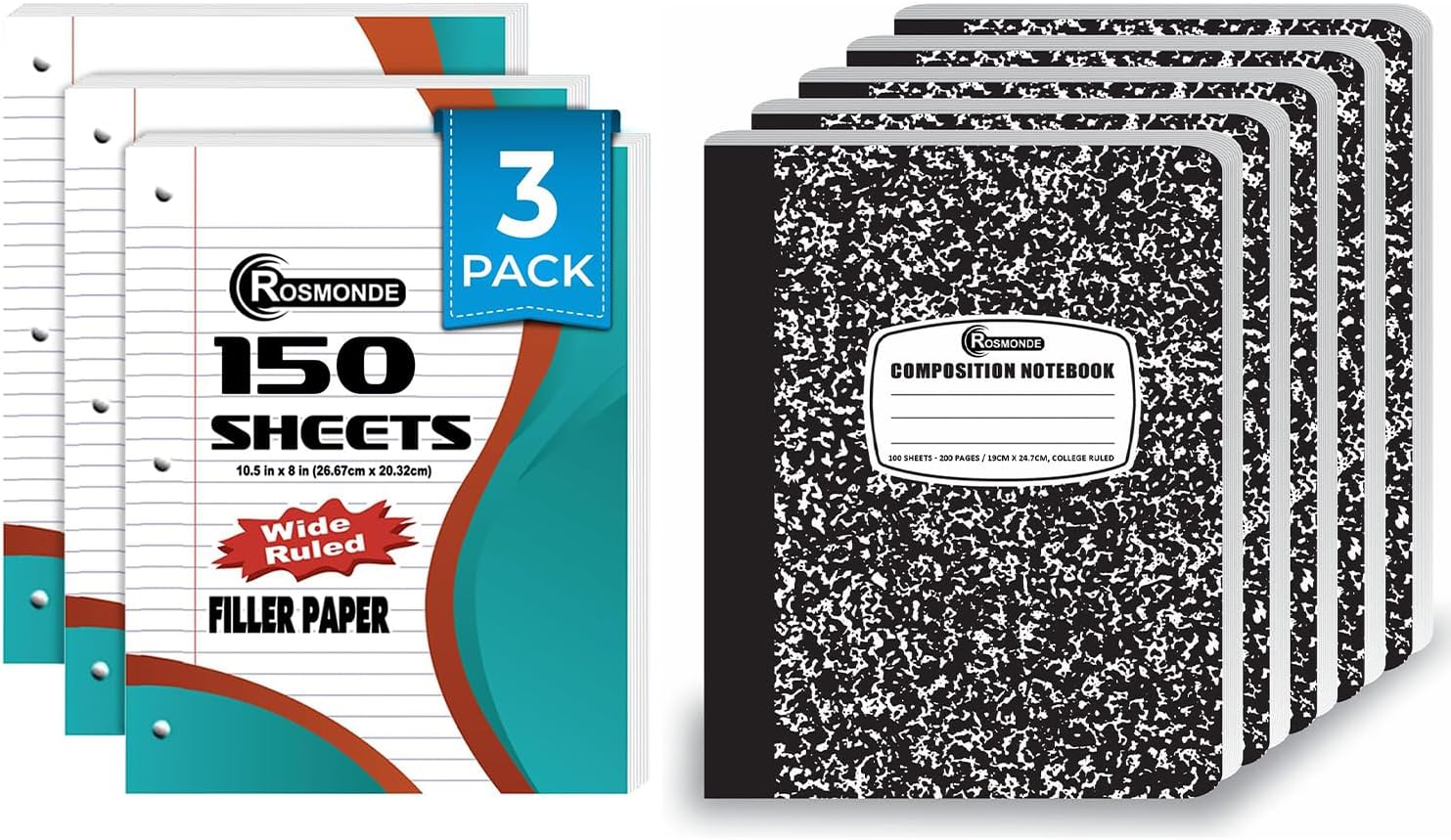 Rosmonde Wide Ruled Composition Notebooks 5 Pack, 200 Pages (100 Sheets) Assorted Colors Marble Composition and 3 Ring Binder Loose Leaf Paper 3 Pack, 450 Sheets,Combo, Wide Ruled, School, College