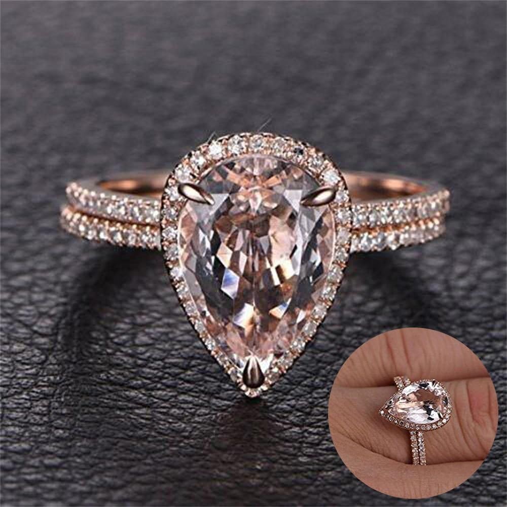18K Solid Rose Gold Morganite Gemstone Ring Set Women Wedding Jewelry Size-6-10/ (8)