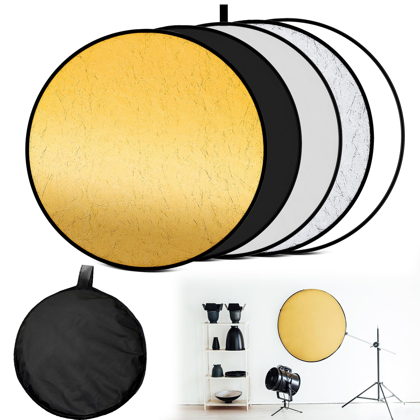 K&F Concept 5-in-1 Reflector Photography Set (80cm), Foldable Reflector with Storage Bag and Handle Translucent Silver Gold White and Black Round Reflectors for Photography, Outdoor Lighting