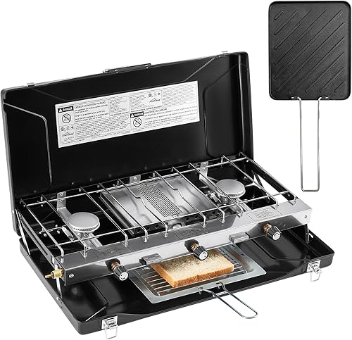 Miniatura 7 de Estufa de camping de 3 quemadores 20400 BTU estufa portátil de propano con regulador, bandeja de tostadas, parabrisas para automóvil, camping,