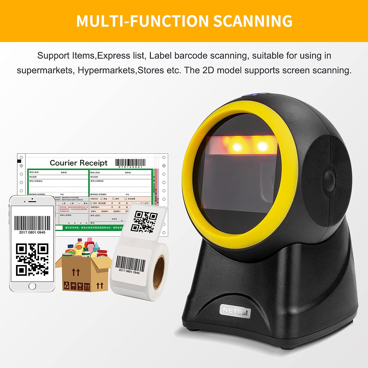 NetumScan Codice a barre USB omnidirezionale USB QR vivavoce cablato QR per dispositivi mobili e computer, PDF417, Data Matrix NS2055L
