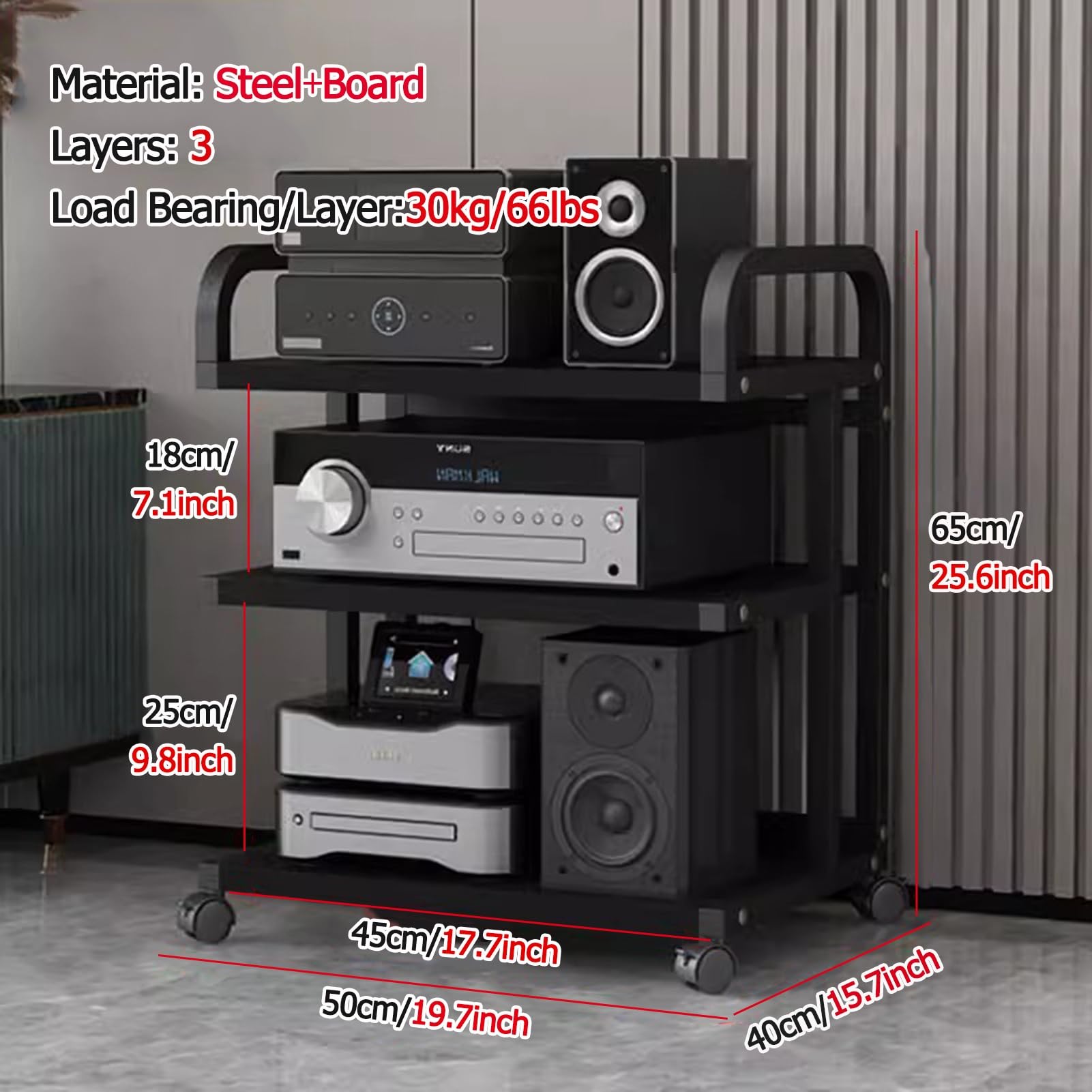 Szafka na sprzęt audio, Szafka na kółkach Stojak komponenty stereo, 3 4-poziomowe nowoczesne stojaki media Półka audio-wideo(C,3 TIER65cm/25.6inch tall)