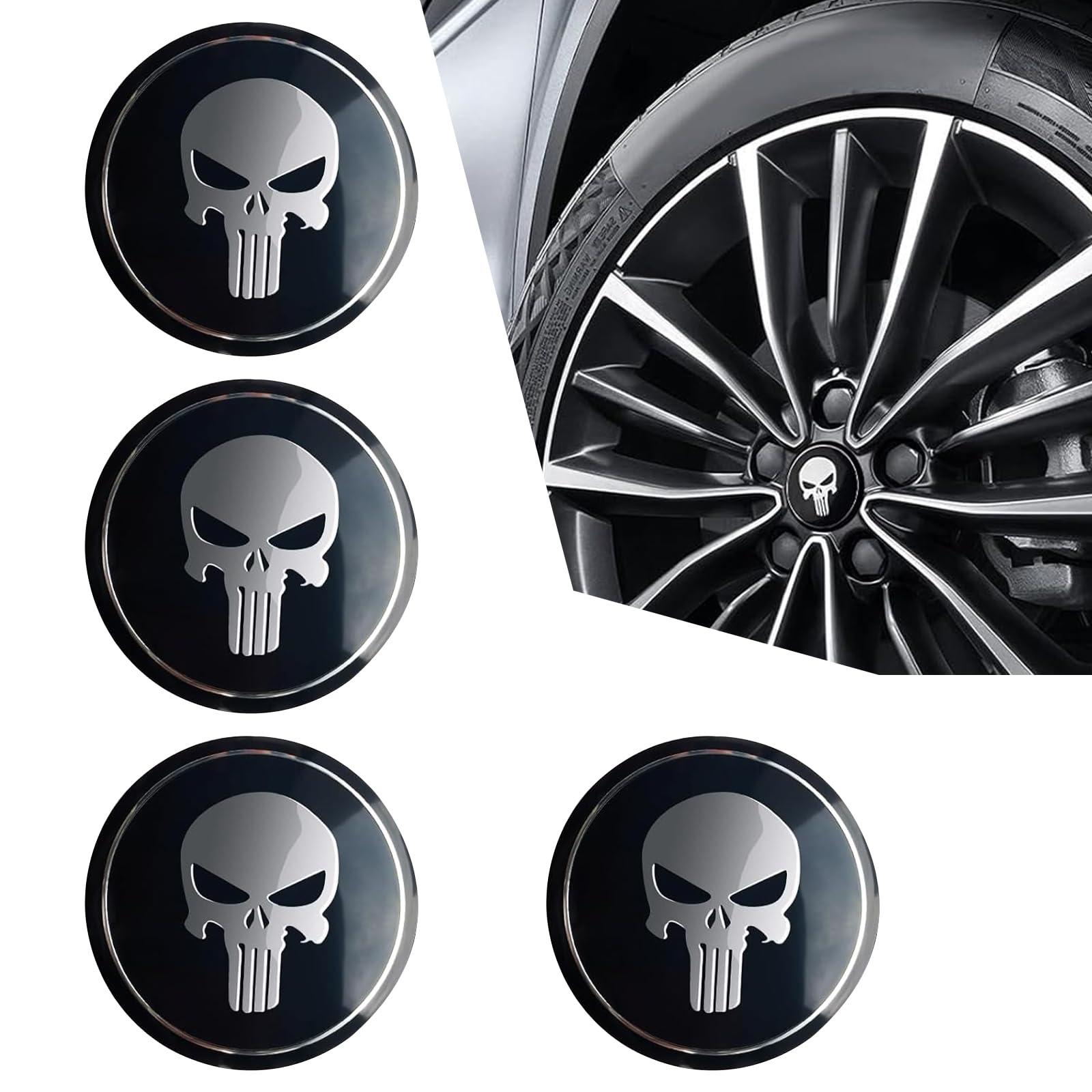 UGSHYPack-4 Car Hub Cap Sticker, 2.2 Inches Skull Design Decal, Automobile Exterior Decorative Accessories, Universal for Most Cars, Trucks and Vans (Black)