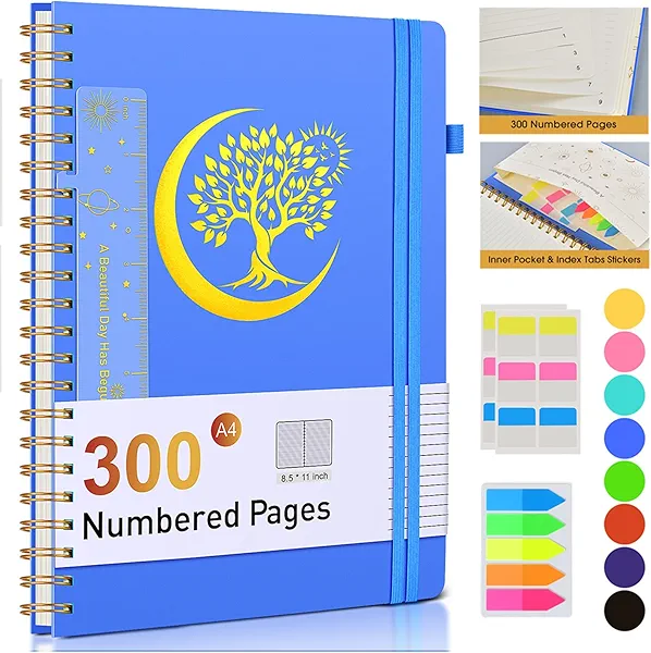 PAIBAS A4 Spiral Journal Notebook 8.5" x 11.5" – 300 Numbered Pages, 100 GSM Lined Paper, Plastic Cover, Inner Pocket, Spiral Notebooks for Work, School, College Ruled for Men Women (Blue)