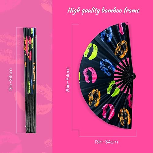 Miniatura 2 de SYNTECSO Ventilador de mano plegable para rave, ventilador de brillo UV, ventilador grande de bambú para Drag Queene, regalo de mujeres y hombres,