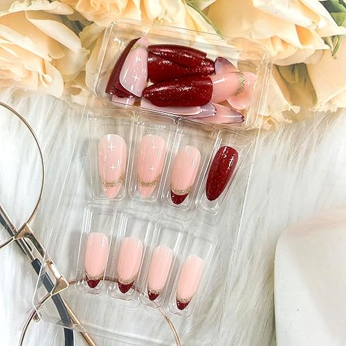 Miniatura 10 de Uñas postizas a presión ovaladas medianas, uñas postizas artificiales con diseño de lentejuelas de diamantes de imitación, cobertura completa,
