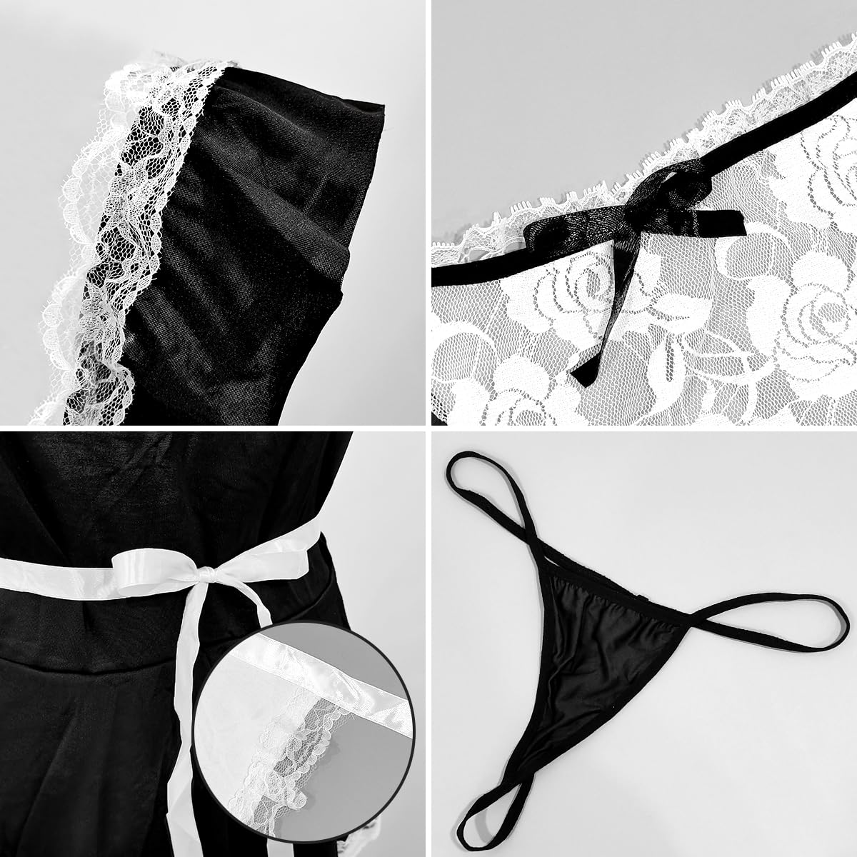 WBDWWTD Damska seksowna bielizna Prześwitująca pokojówka Przebranie na karnawał Francuski Roleplay Uniform Przezroczysta koronkowa przebranie Babydoll Bielizna nocna Strój, niegrzeczna koszula nocna