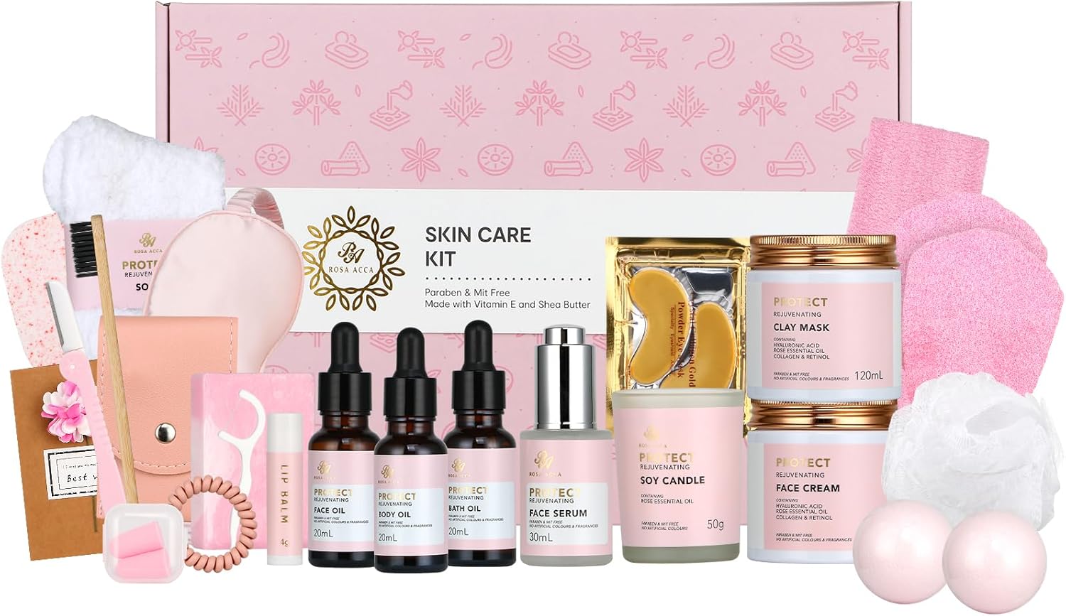 Skin care kit Spa Gifts for Women, 28pcs Rose Facial Skin Care Set includes Face Cream,Bath Oil,Shower Accessories. Body & Facial Kit for Women, Birthday Gift for Women, Mother’s Day Gift