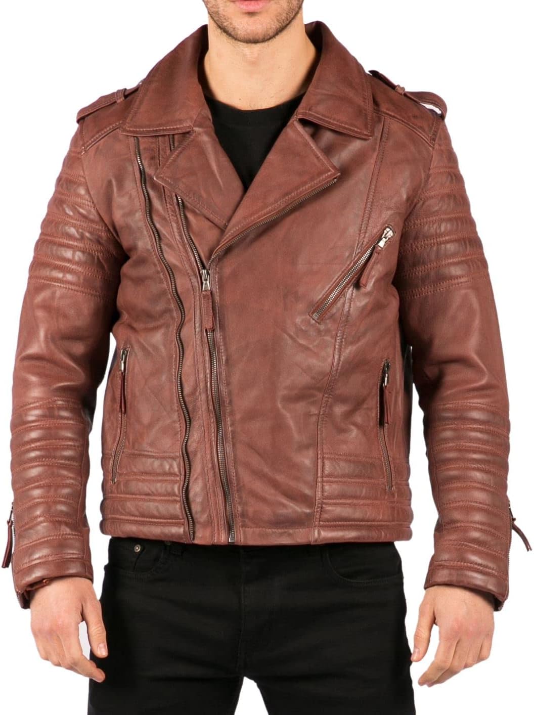 TruClothing.comMen's Biker Jacket Outwear Windproof Winter Cross Zip Urban Real Leather Jackets Coat