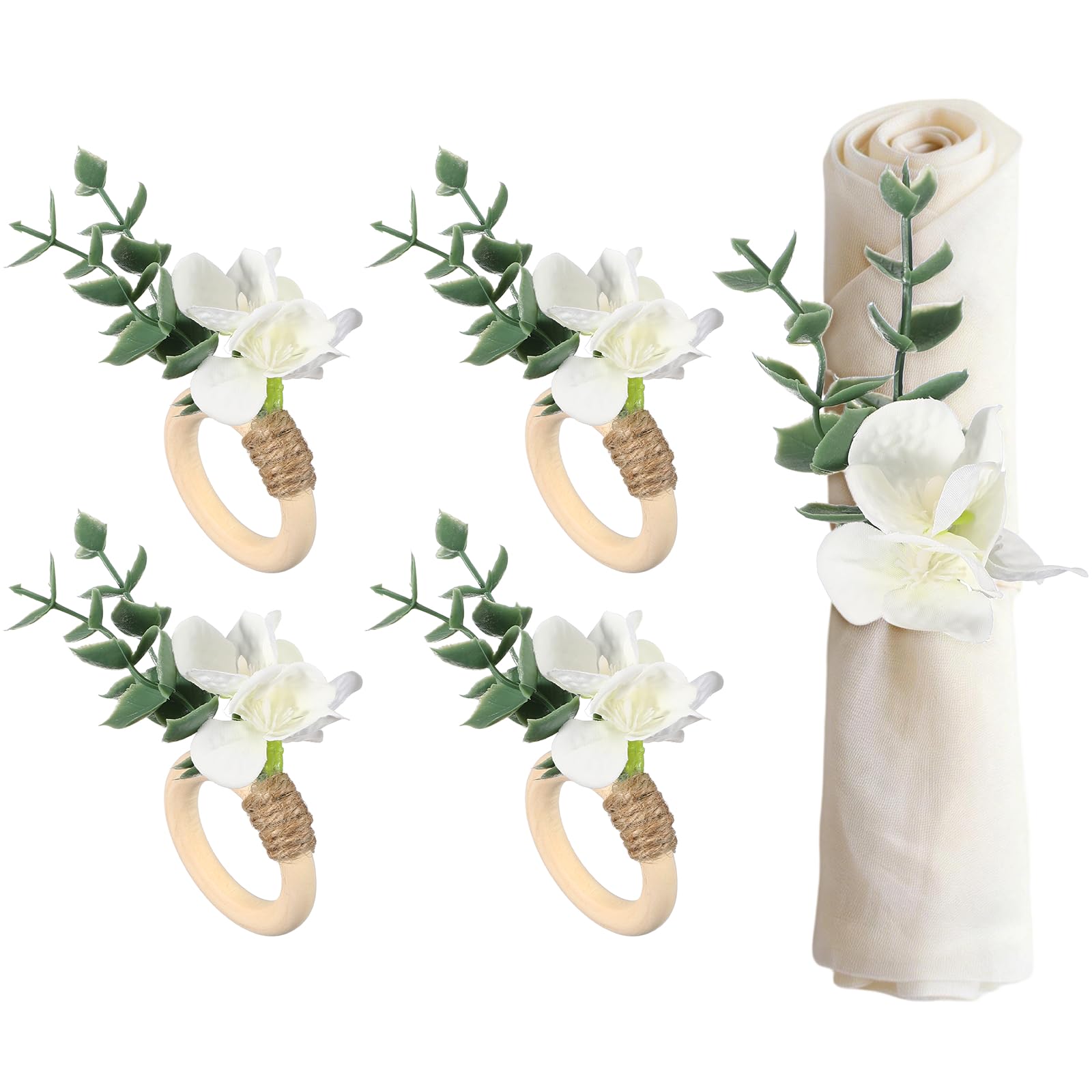sourcing map 4Pcs Flower Napkin Rings, Handmade Eucalyptus Napkin Ring Holders Buckles Table Decorations for Christmas Thanksgiving Valentine Decor Wedding Parties, Banquet, Home, White
