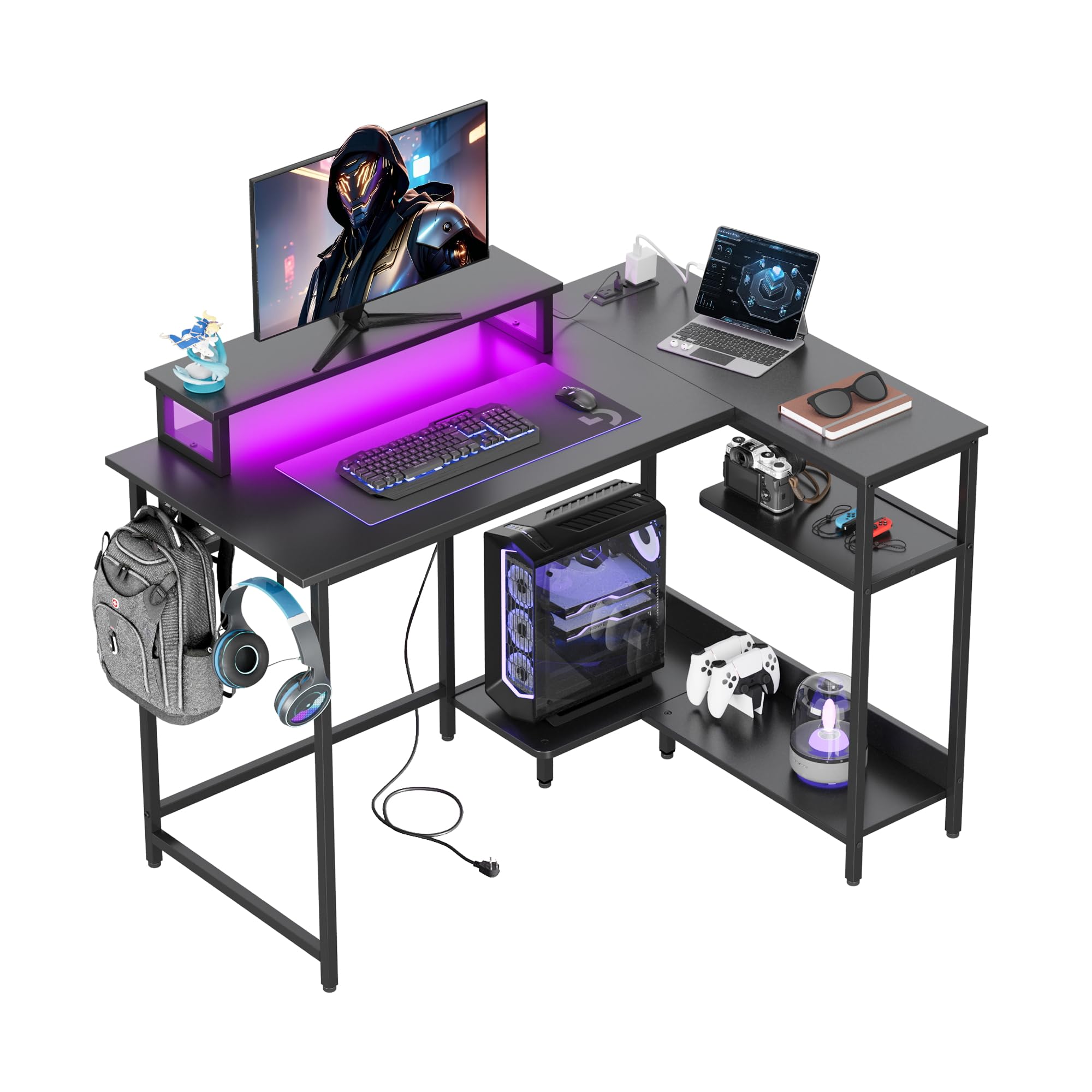devaise 43 inch l shaped gaming desk with led lights & power outlets, corner desk for small spaces, sturdy pc computer table with storage for home office, black