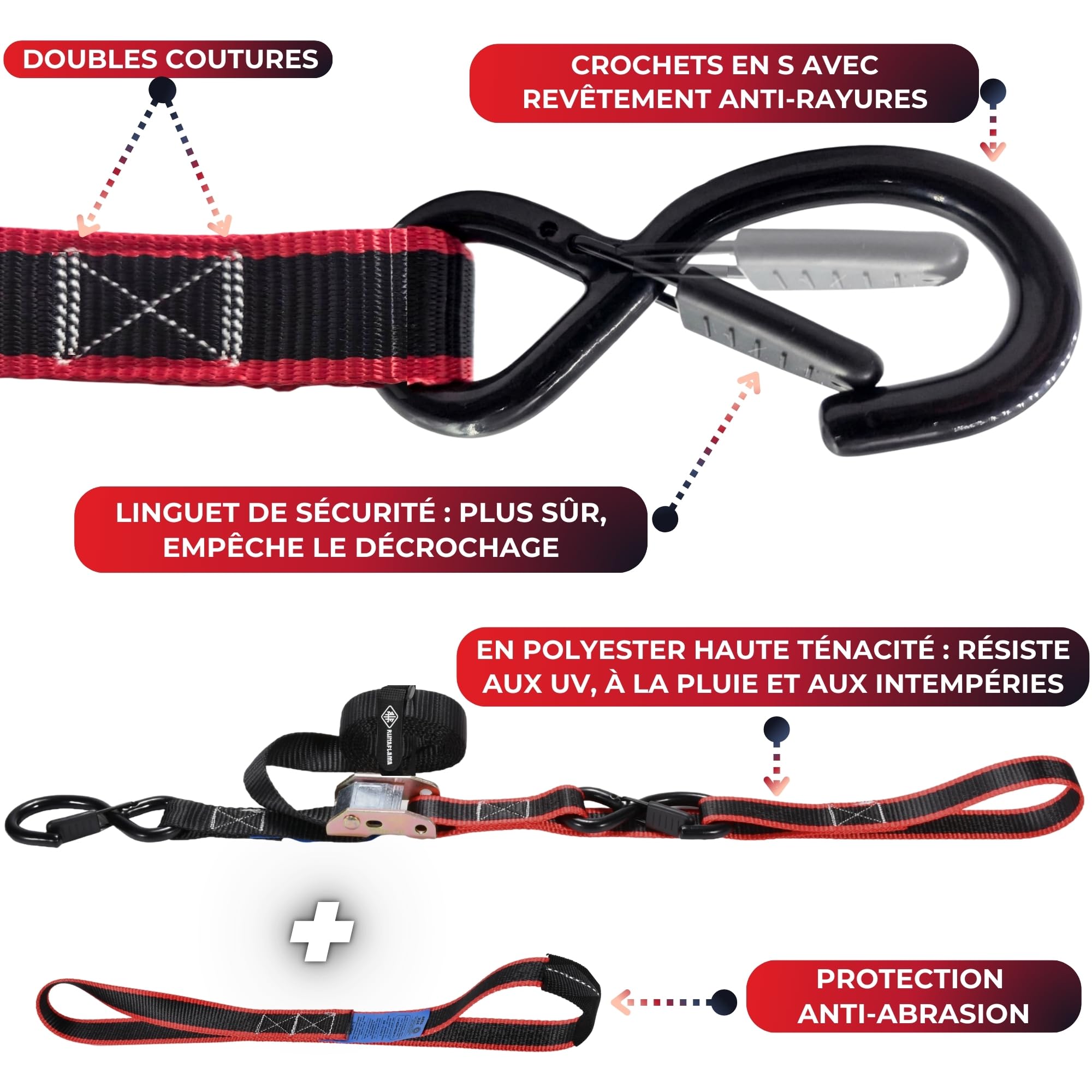 Sangle Moto Remorque Crochets En S - Sangles D'arrimage Moto Guidon, Châssis, Anneaux - 550 kgf Rupture + 2 Petites Boucles Souples 30cm + 2 Bandes Auto-agrippantes + Sac - Lot de 2 x 1,9m
