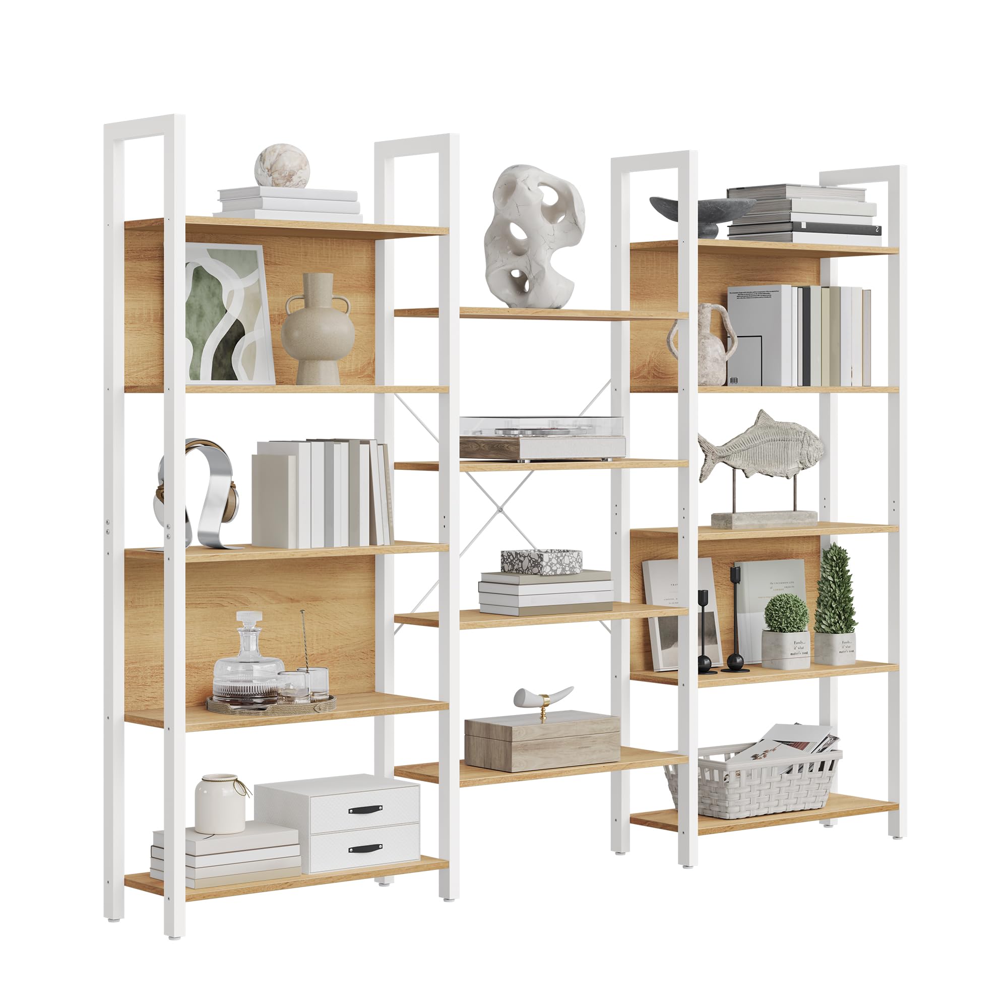 VASAGLE Bücherregal, Standregal mit 14 Ablagen, Regal mit Metallrahmen, für Wohnzimmer, Arbeitszimmer, Büro, Industrie-Design, 24 x 158 x 166 cm, goldeichenfarben-mattweiß LLS107YA01