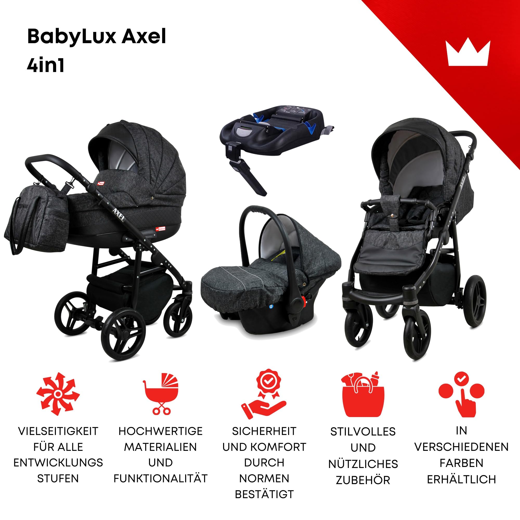 BabyLux® Wózek dziecięcy kompletny zestaw 4 w 1, Axel, w tym gondola dla niemowląt, wędka, fotelik samochodowy, podstawa ISOFIX, wózek dziecięcy, system kombinowany, z torbą do przewijania itp.