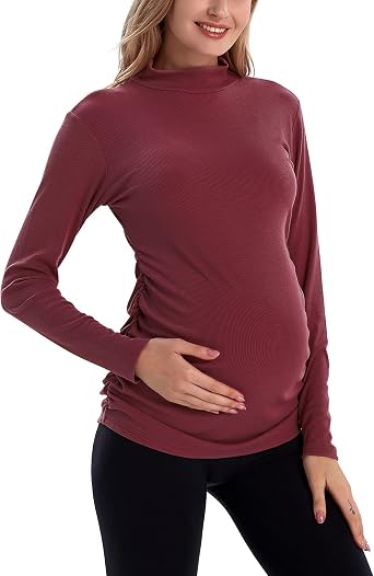 Bhome Maternity Shirt Long Sleeve Pregnancy Top Ribbed Mock Neck Pregnant Pullover