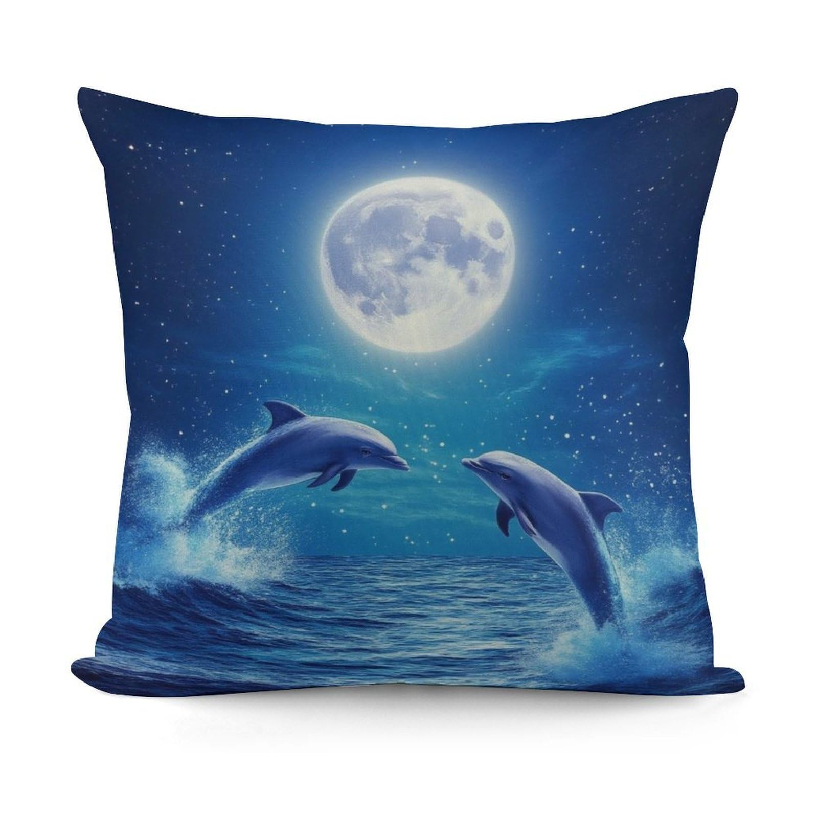 Smazdfxx Picture(587) Decorative Soft Blue Great Water Of Waves Sea Full Moon Dolphin Art Plush Pattern Couch Pillow Covers With Zipper For Sofa, Bed, Living Room