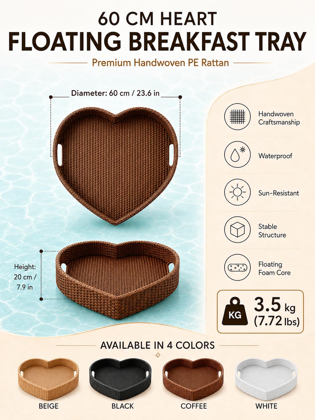 Vassoio da Portata Galleggiante per Piscina, 60 x 20 cm, 4 Colori HeartBlack | Rattan PE Intrecciato, Telaio in Alluminio, Anima in Schiuma e Bordo Alto Mantengono il Servizio Stabile e Facile da Pulire.