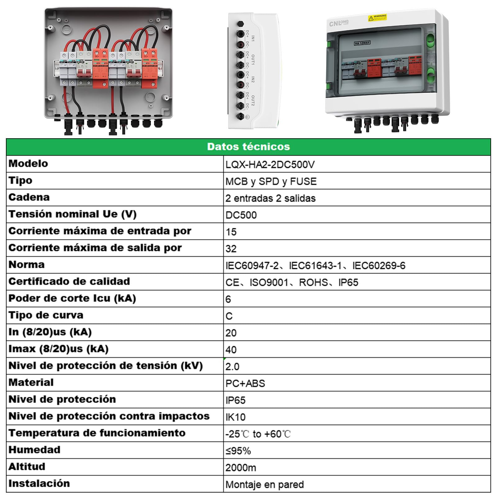 IP65 Caja Combinadora PV 2 Circuitos 2 Entradas 2 Salidas DC500V 32A Interruptor Disyuntor con Protector de Sobretensión y fusible de 15A Para Paneles Solares al Aire Libre