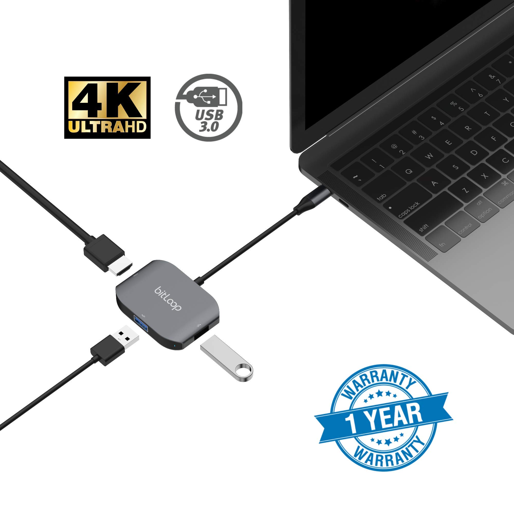 BitLoop USB Type-C to HDMI (4K) and USB 3.0 Hub (Space Gray)