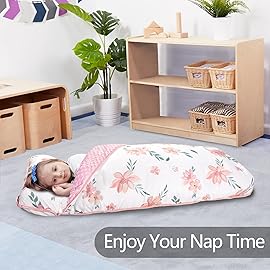 Primlect Thickened Toddler Nap Mat with Removable Pillow and Minky Blanket, Extra Large 55\'\'x35\'\' Sleeping Bag, Washable, Roll up, Perfect for Daycare, Preschool, Kindergarten, Boys and Girls Flowers