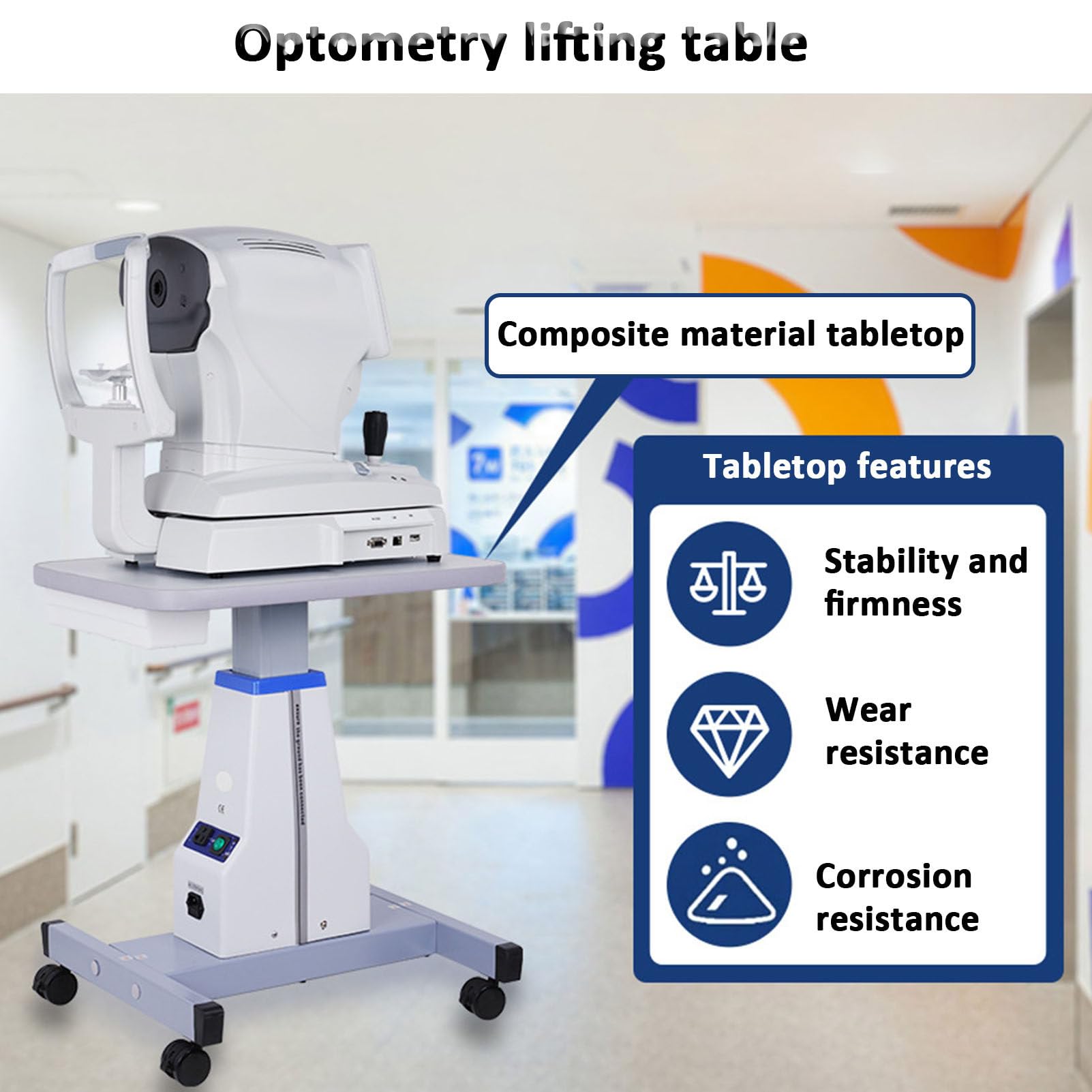 Tavola di sollevamento motorizzata, stazione di lavoro per strumenti ottici regolabile in altezza da 65 a 82 cm, con cassetti, per laboratorio di occhiali di optometria