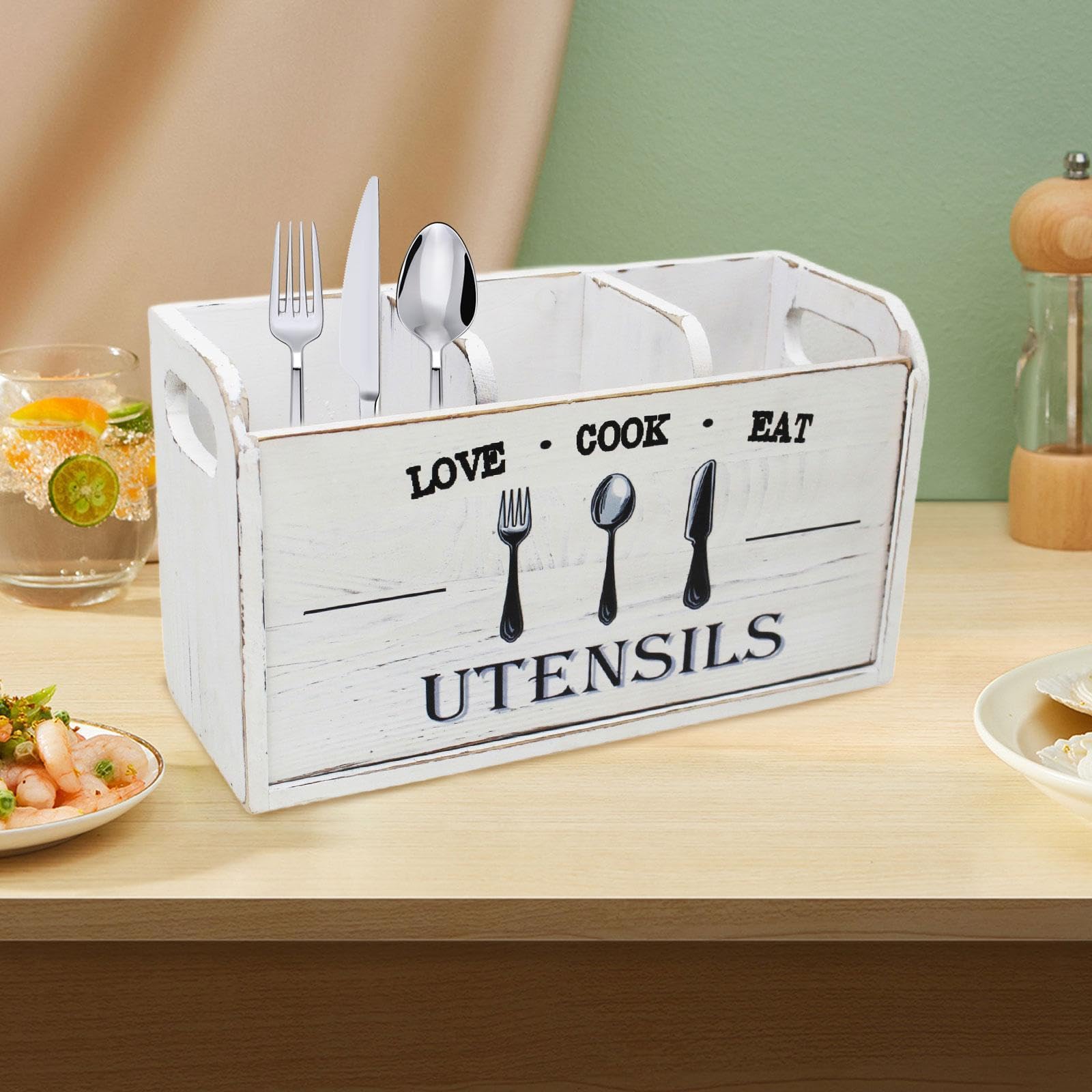 Gralara Utensilienhalter Besteckkasten Küchenorganizer Holzbehälter mit DREI Fächern Zur Aufbewahrung von Besteck Kochlöffeln Schneebesen für Küche Wohnzimmer, Weiß