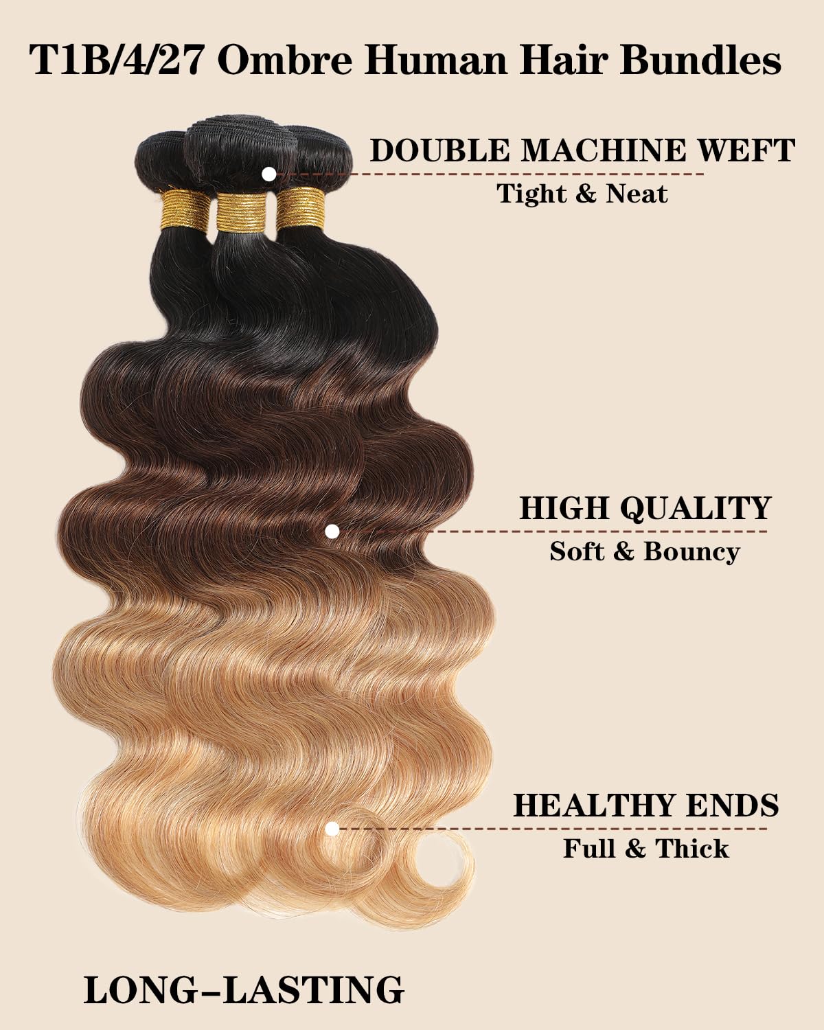 Ombre Human Hair Bundles with Closure Ombre Body Wave Bundles Human Hair with Closure (14 16 18+12) 12A 100% Unprocessed Brazilian Virgin Remy Hair 3 Tone Black to Brown to Honey Blonde Weave