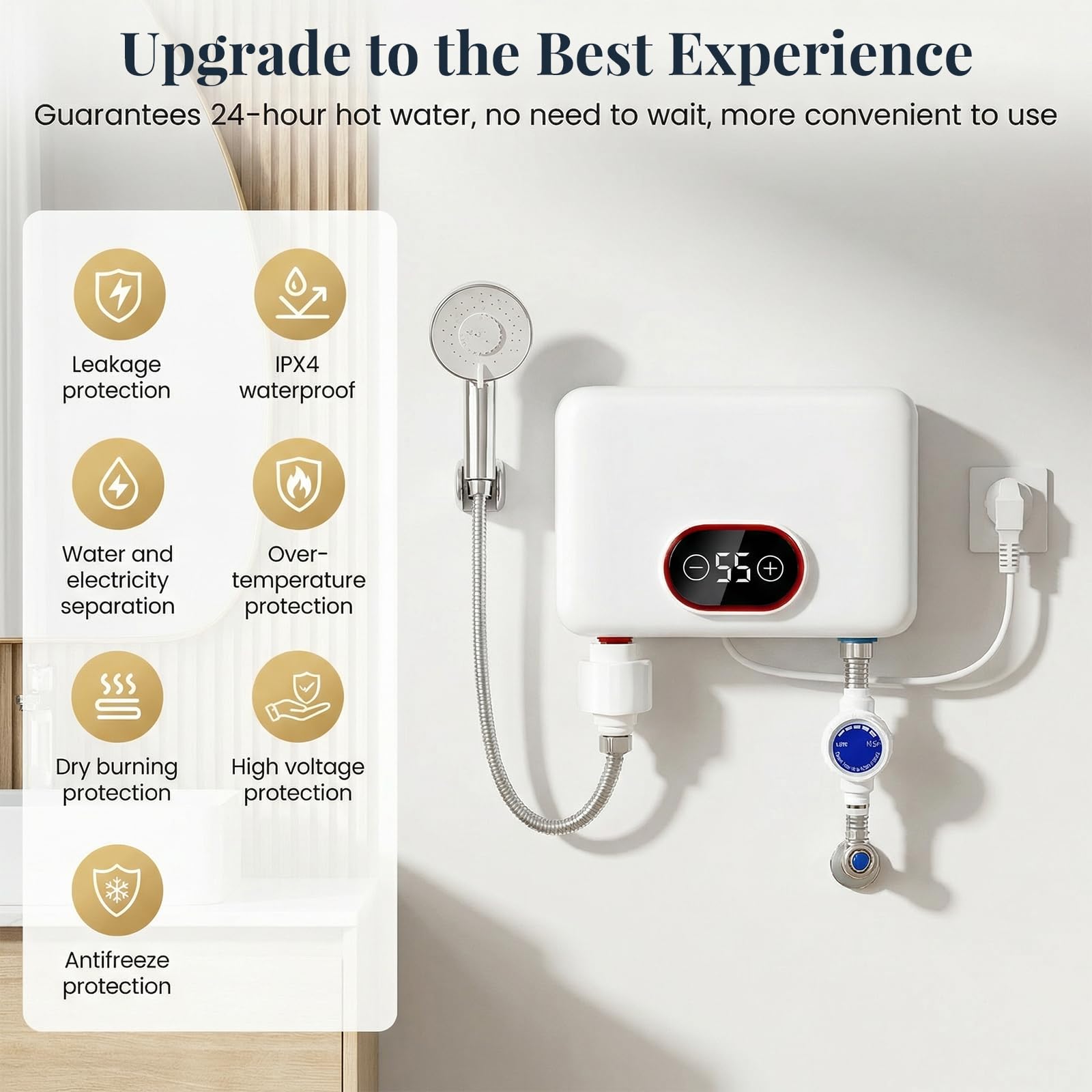Mini Durchlauferhitzer 5500W 30-55°C mit Steuerventil,IPX4 Wasserschutz | LED Anzeige, Untertischboiler, Steckerfertig, Kalkarm, Garten Gäste WC, Händewaschen Geschirrspülen, Leise Energiesparend
