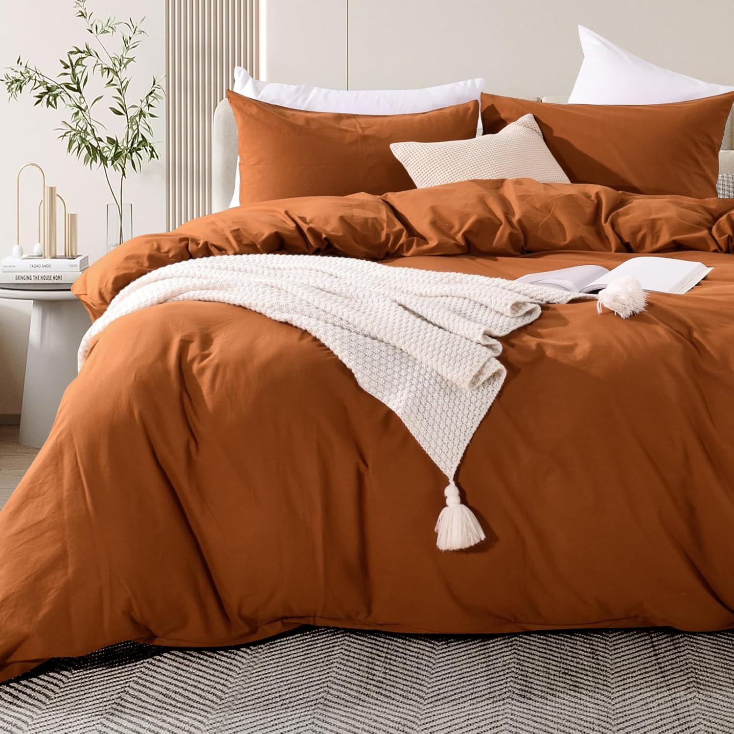 NEXHOME PRO Duvet Cover Set 100% Washed Cotton Oversized King 120"x98" Linen Feel Textured Organic Natural 3 Pieces Bedding Set Terracotta Burnt Orange with Zipper Closure Breathable(No Comforter) - Image 4