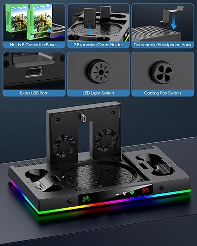 Miniatura 6 de Ventilador de refrigeración mejorado y soporte de carga dual para consola y controlador Xbox Series X, sistema de estación de carga más fría para la