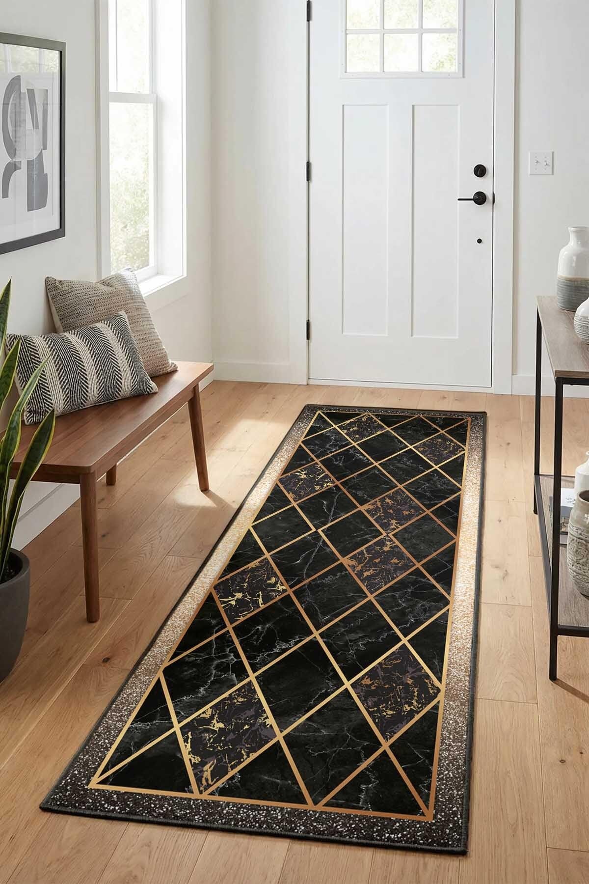 Monnhein Siyah Yolluk Toronto - Yıkanabilir, Kaymaz Taban, Dijital Baskılı, Leke Tutmaz, İnce Hav, Modern Koridor, Mutfak, Antre ve Salon için Dekoratif Yolluk