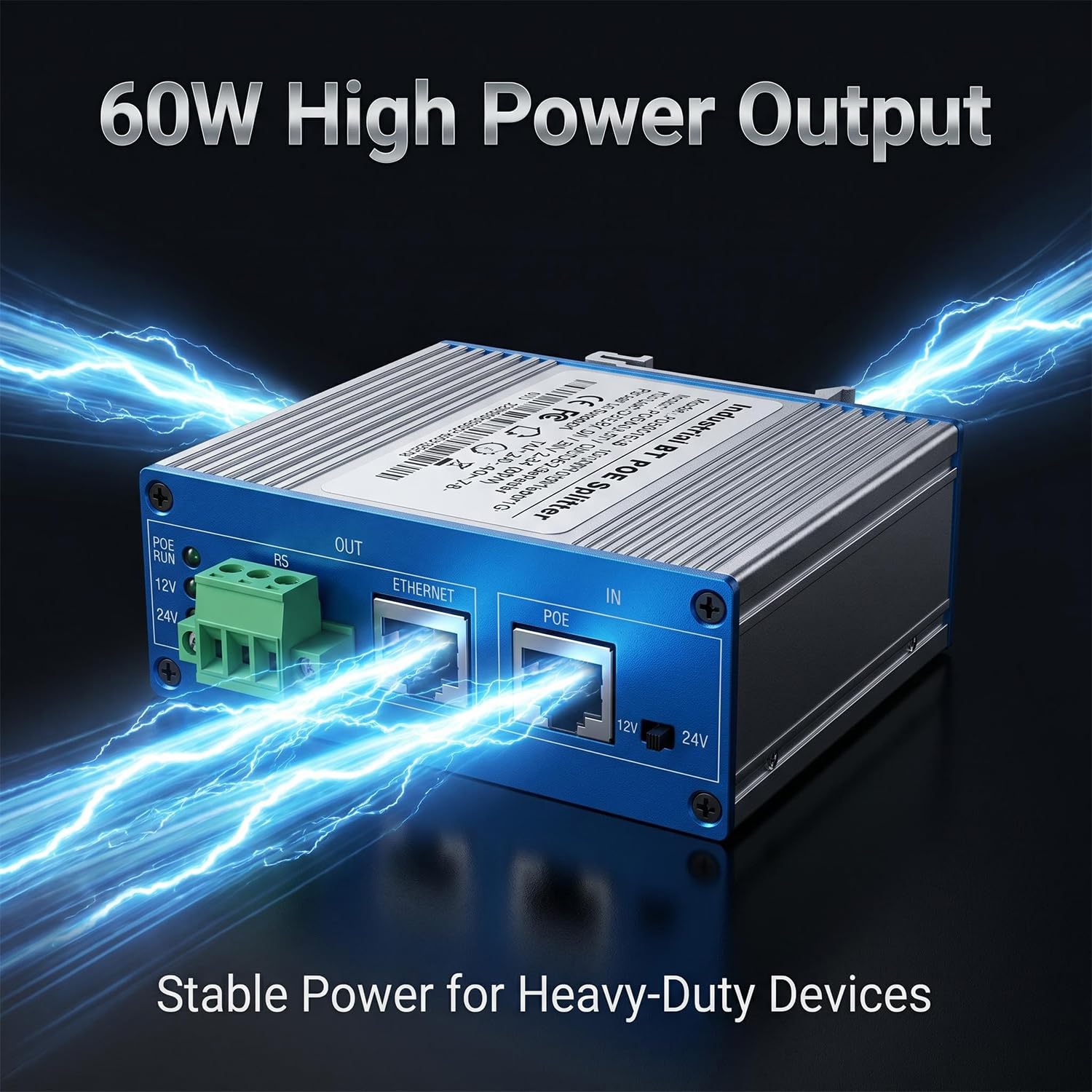 Industrieller 60 Watt Gigabit BT PoE Splitter auf DC 12V/24V Leistungsausgang, 10/100/1000Mbps IEEE802.3BT, für Nicht PoE Geräte bis zu 100 m, Plug and Play (PD6005G-B)