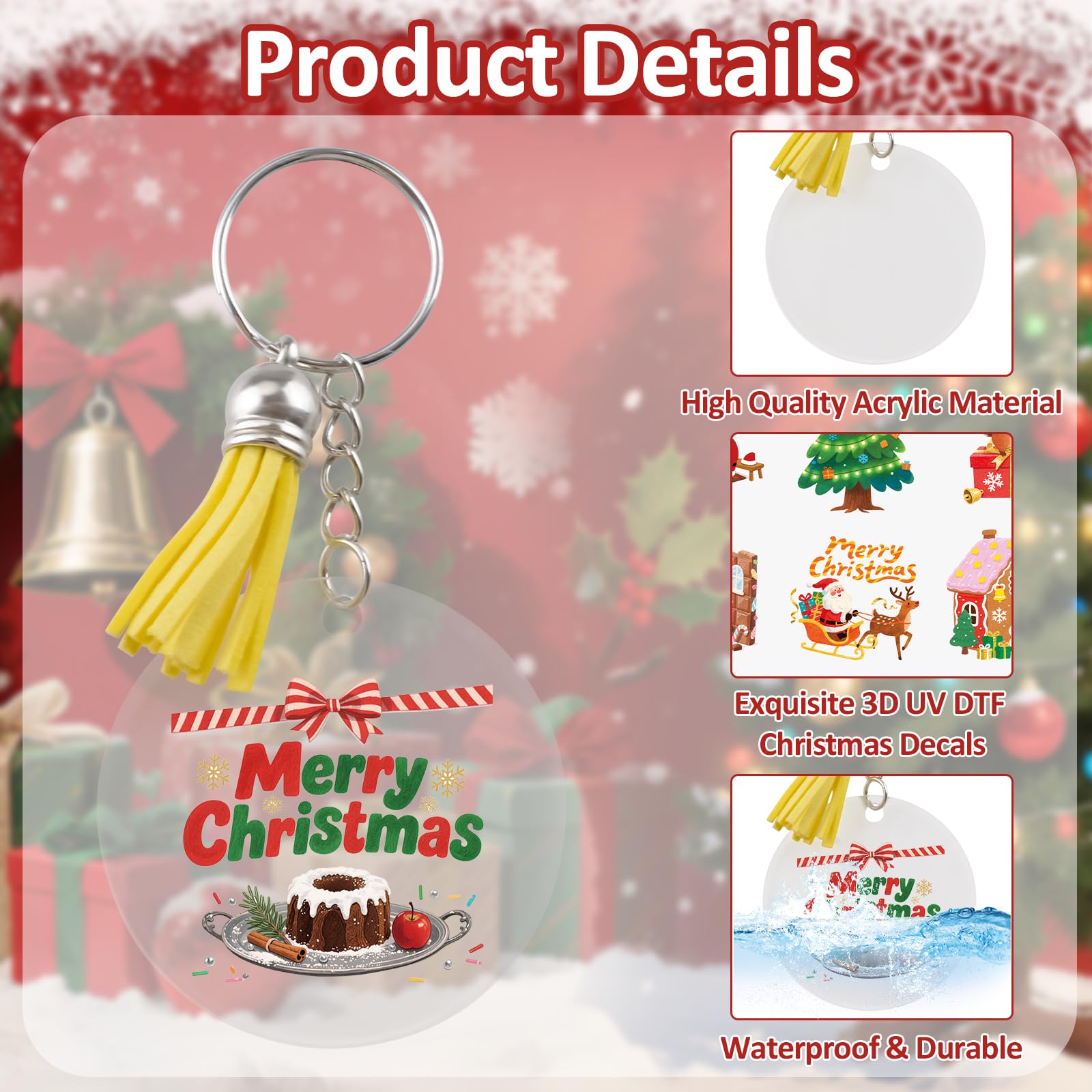 WANDIC 27 Pcs Acrylic Keyring Making Kit, Christmas UV DTF Stickers, Christmas Display Cards - Image 4