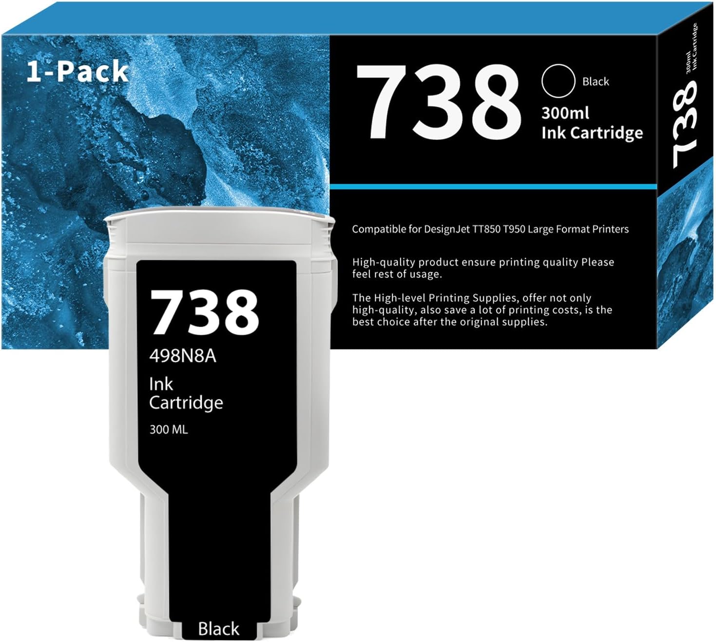 738 DesignJet Ink Cartridge 300-ml 498N8A 676M6A 676M7A 676M8A Replacement for HP 738 Ink Cartridge for DesignJet T850 & T950 Wide Format Plotter Printer Ink (Black)
